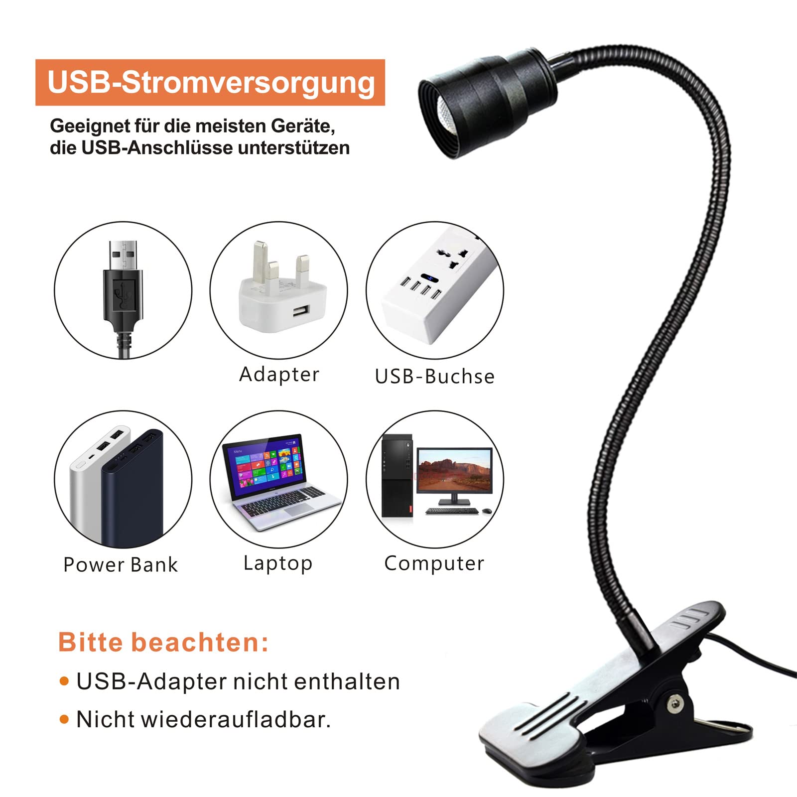 Ymcrlux Zoomable Led Reading Light, Dimmable Usb Clip-On Lamp, Adjustable Beam, Black, Model Zcl01