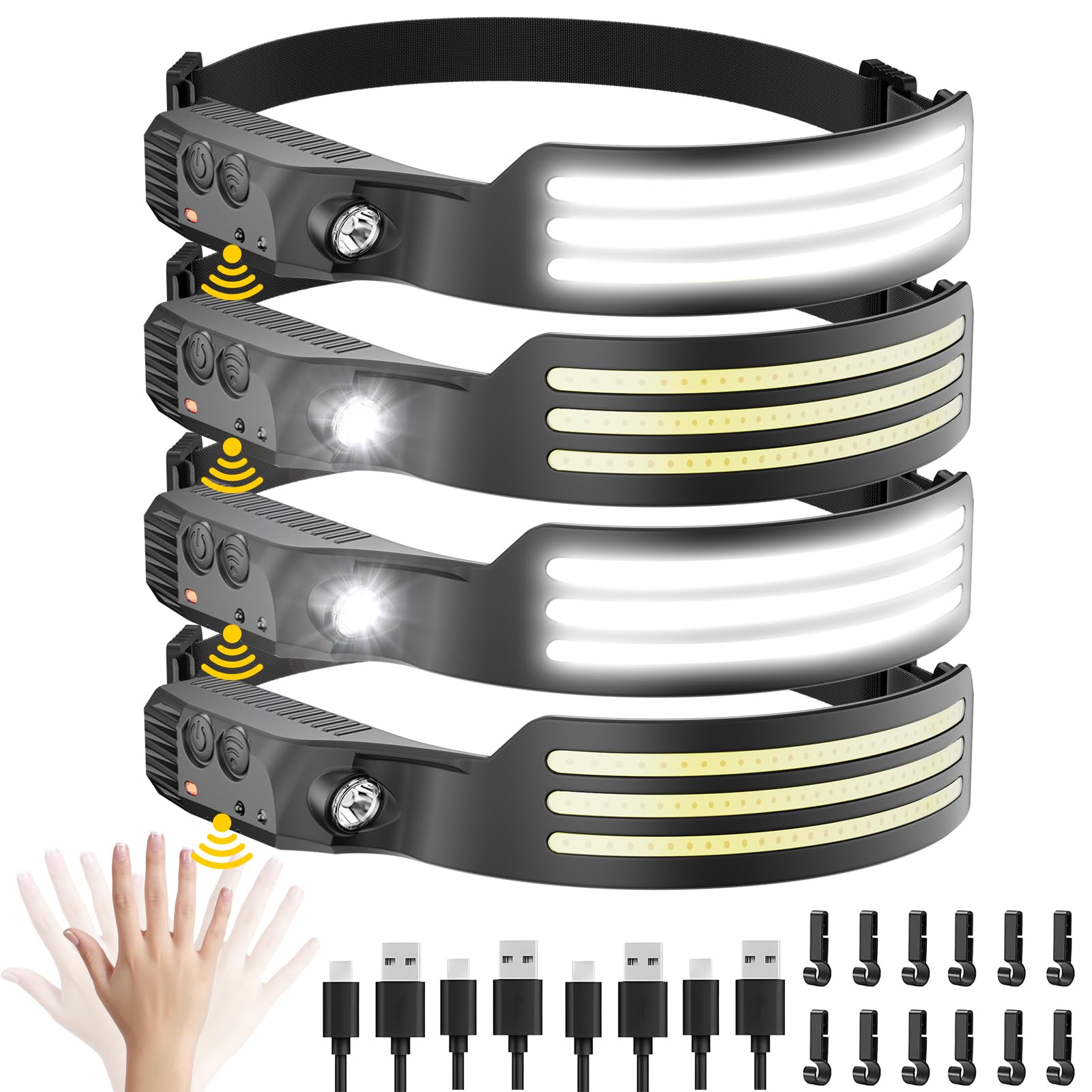 Eatelsin Headlamp Rechargeable 4Pcs, Motion Sensor 230 Cob Head Lamp, Headlights For Forehead, Hard Hat Light For Adults, Led He