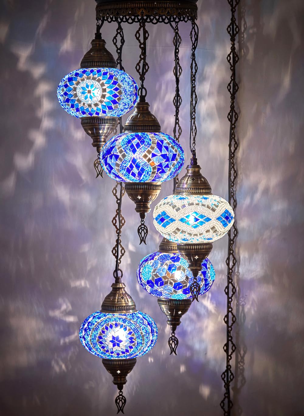 DEMMEX 7in  Moroccan Mosaic Chandelier, Colorful Glass Pendant Light, 15-ft Cord, Ocean Breeze, Model Swag5-