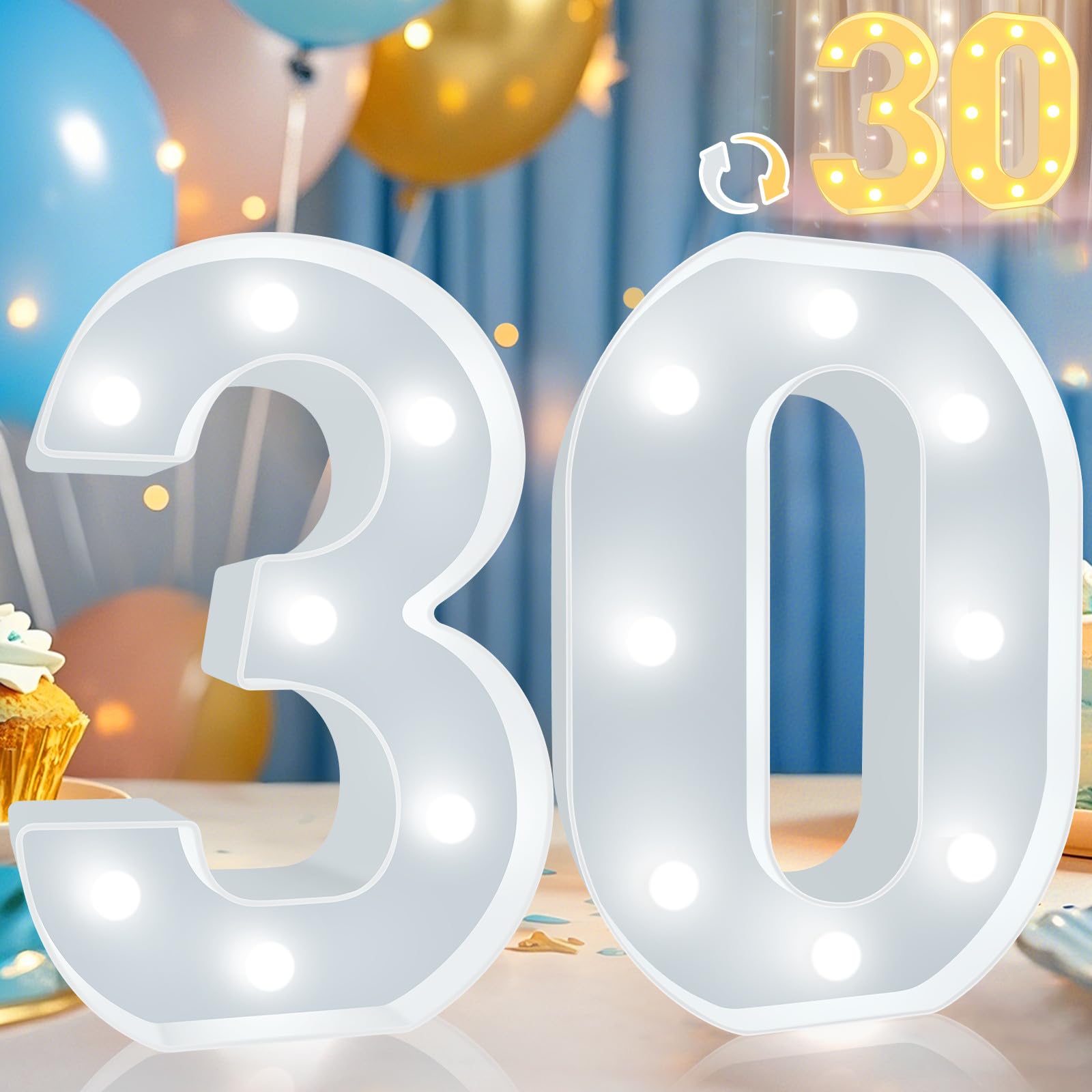 Pooqla LED Marquee Numbers 30 Sign, Plastic Decorative Light Up for 30th Birthday Party, Cool White and Warm White