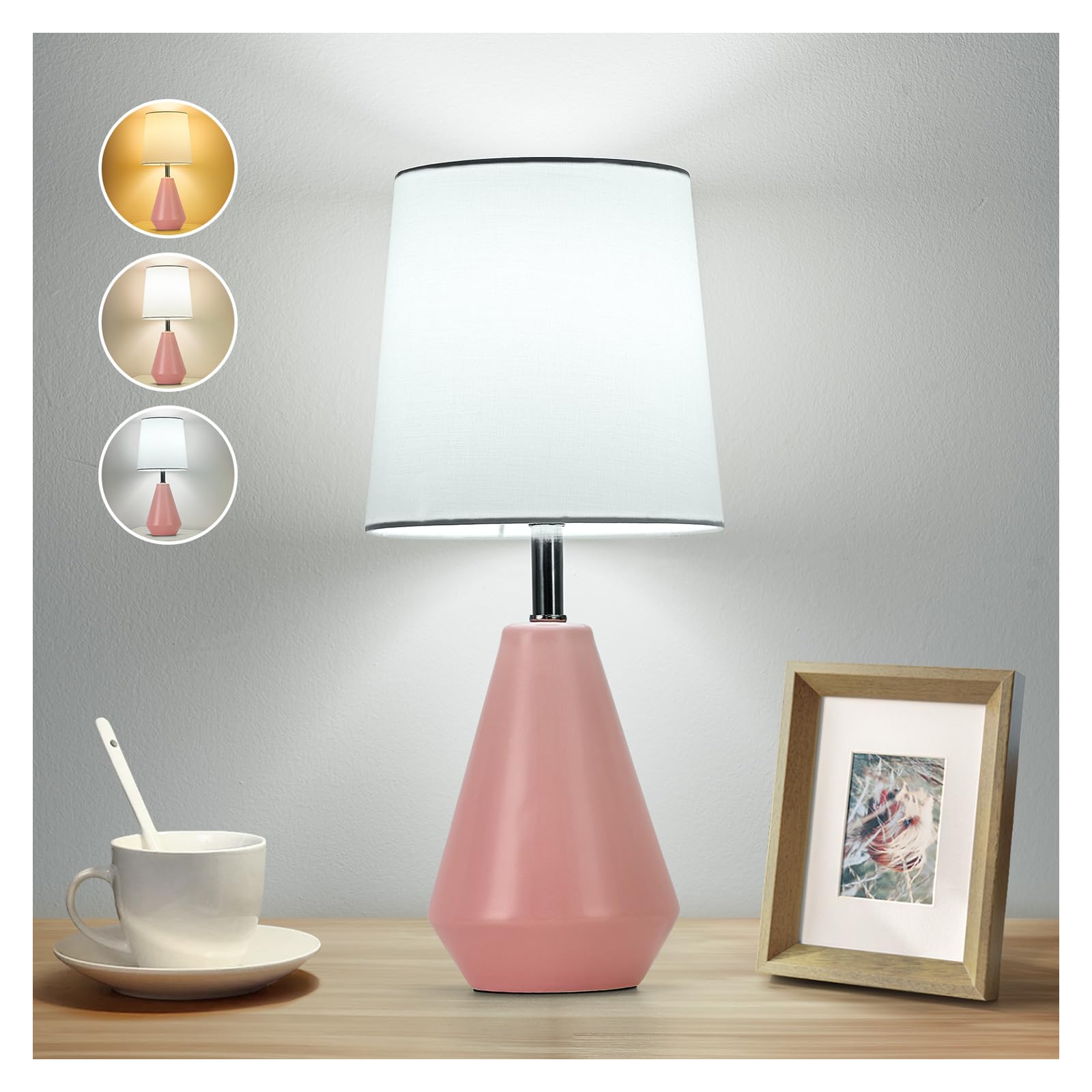 bdayanx Small Bedside Table Lamp for Bedroom - Reading Desk Lamp with 3 Color Temperatures 15.5 Nightstand Ceramic Lamp with Fabric Shade for Kids Room Living Room Dorm Home Office (Pink+White)