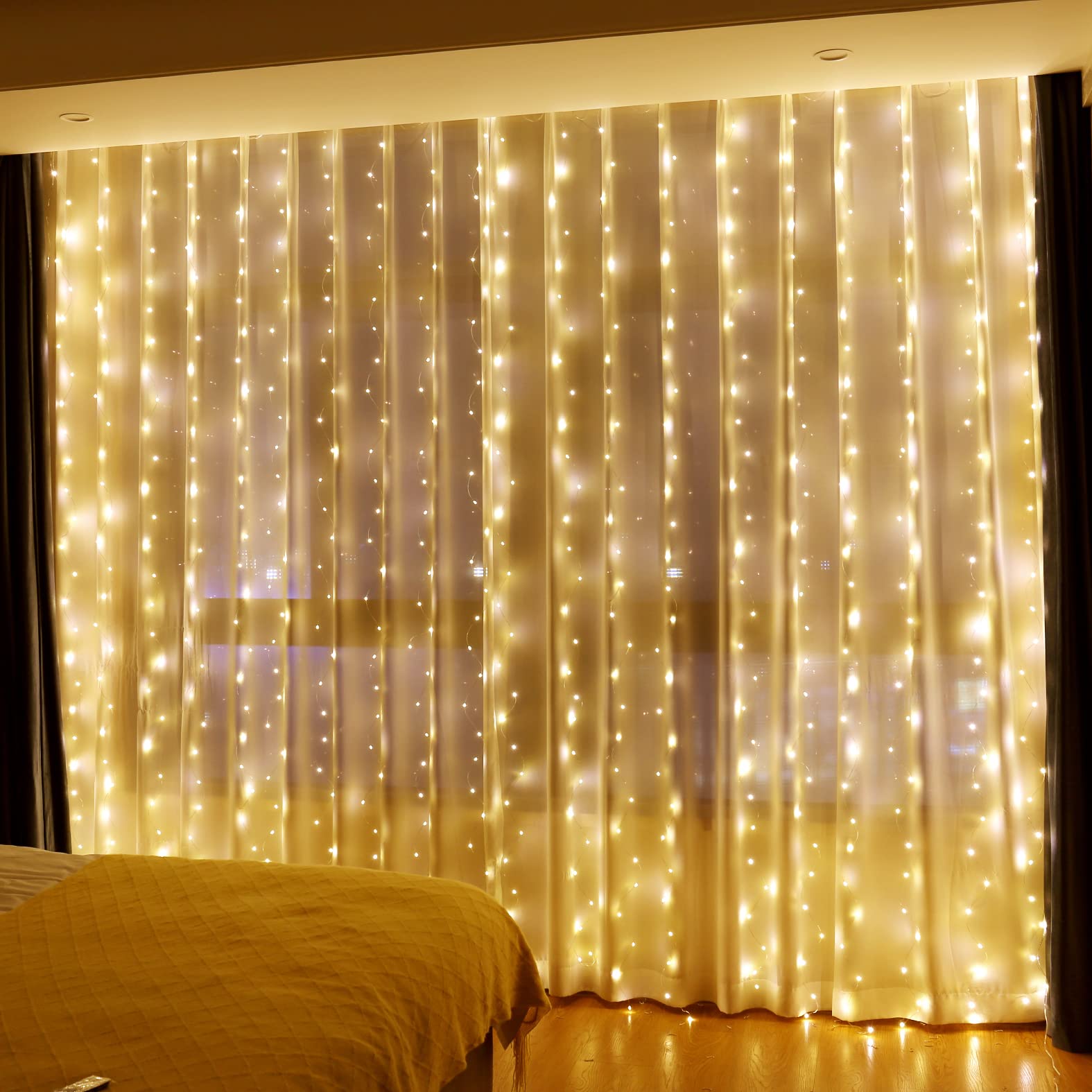 HXWEIYE Curtain Fairy Lights, 300LED Warm White, 9.8x9.8Ft, Copper Wire, Includes Clips & Hooks, Model HY100150-300