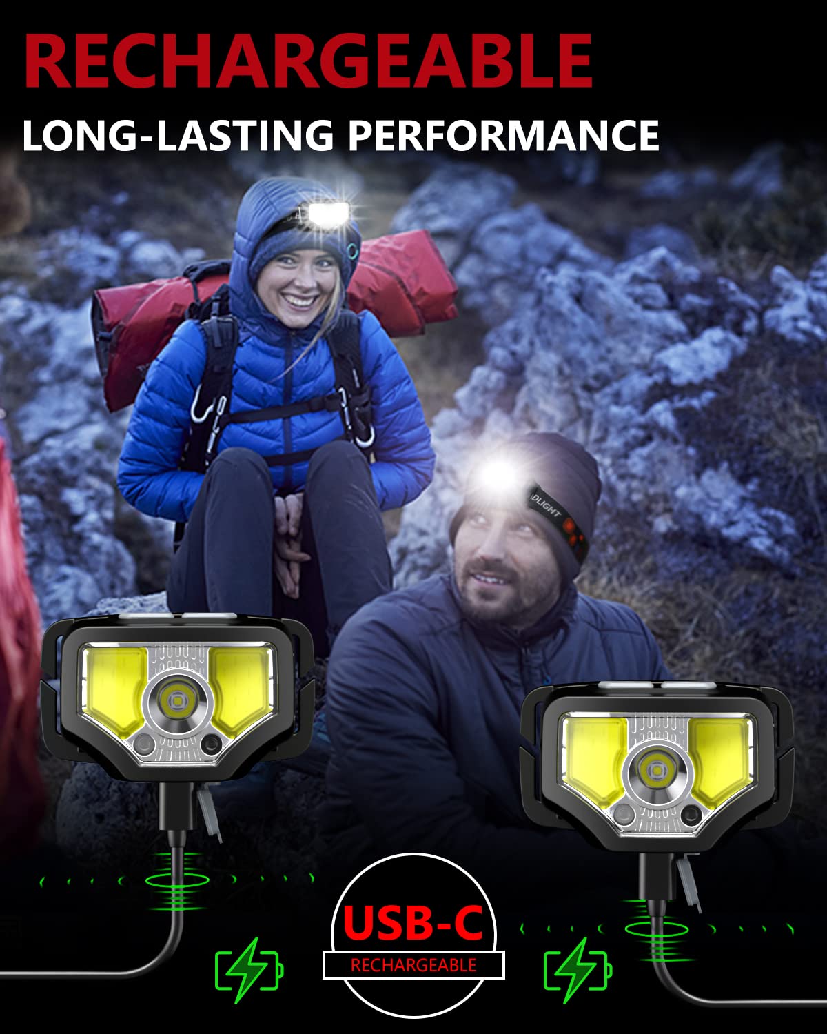 GETASI Rechargeable LED Headlamp, 1200 Lumen, Waterproof, Black, 4-Pack, Model TD-04, Ideal for Hiking, Running, Fishing, Cycling