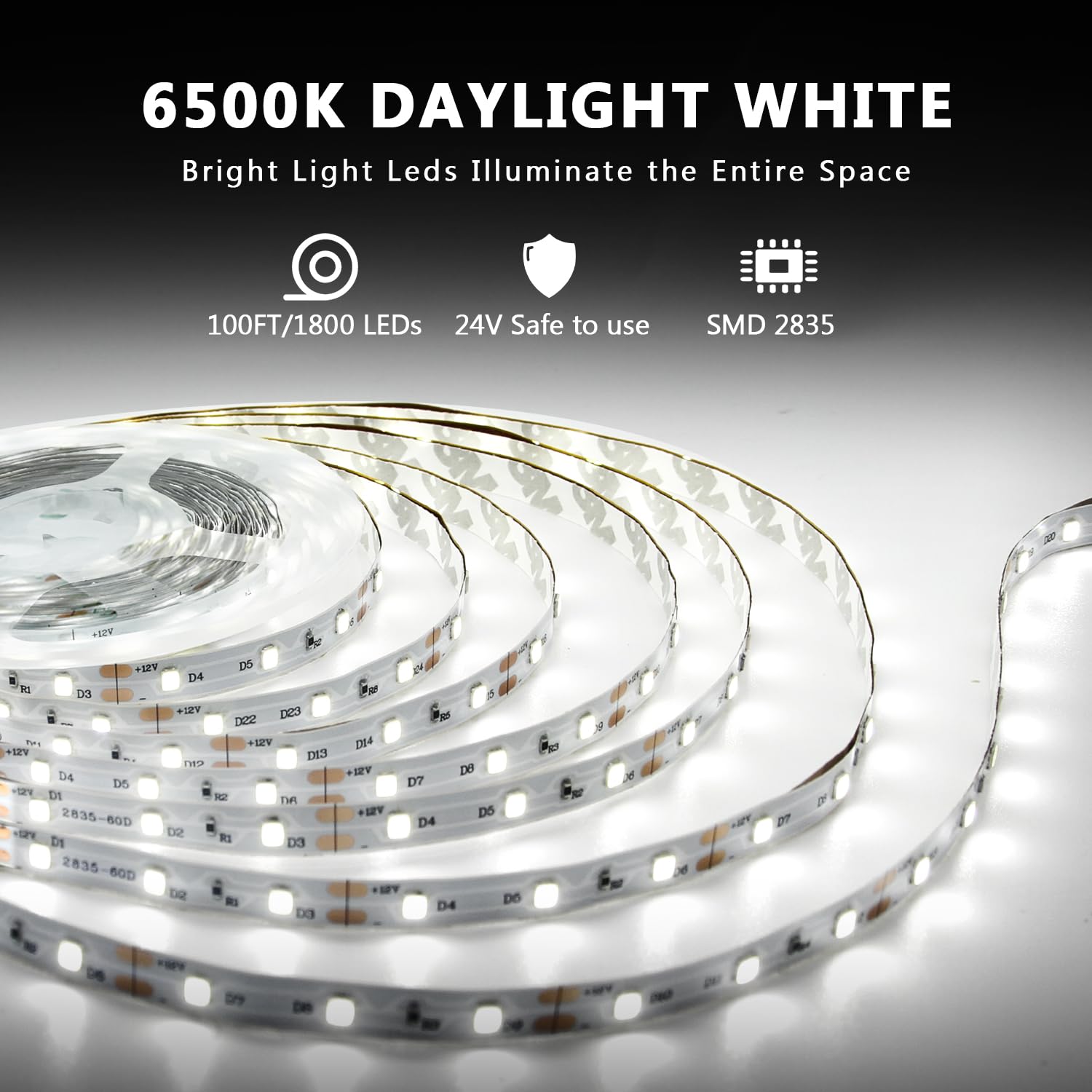 Dalattin White Led Strip Lights 100Ft, Dimmable Bright 24V Led Light Strip 6500K Daylight White 1800 Leds Lights For Bedroom, Mirror, Kitchen, Strong Adhesive, 2 Roll Of 50Ft