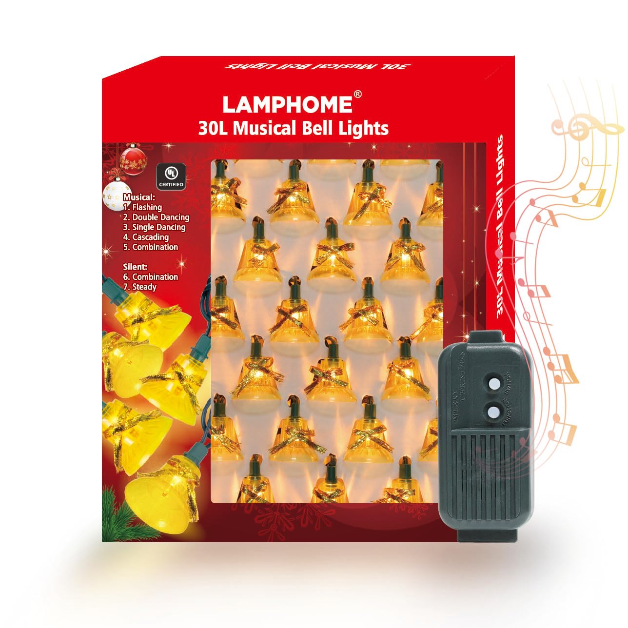 LAMPHOME Christmas Musical Bell String Lights, 30 Lights, Yellow Incandescent Bulbs, 200LED, Model L8771, Green Wire
