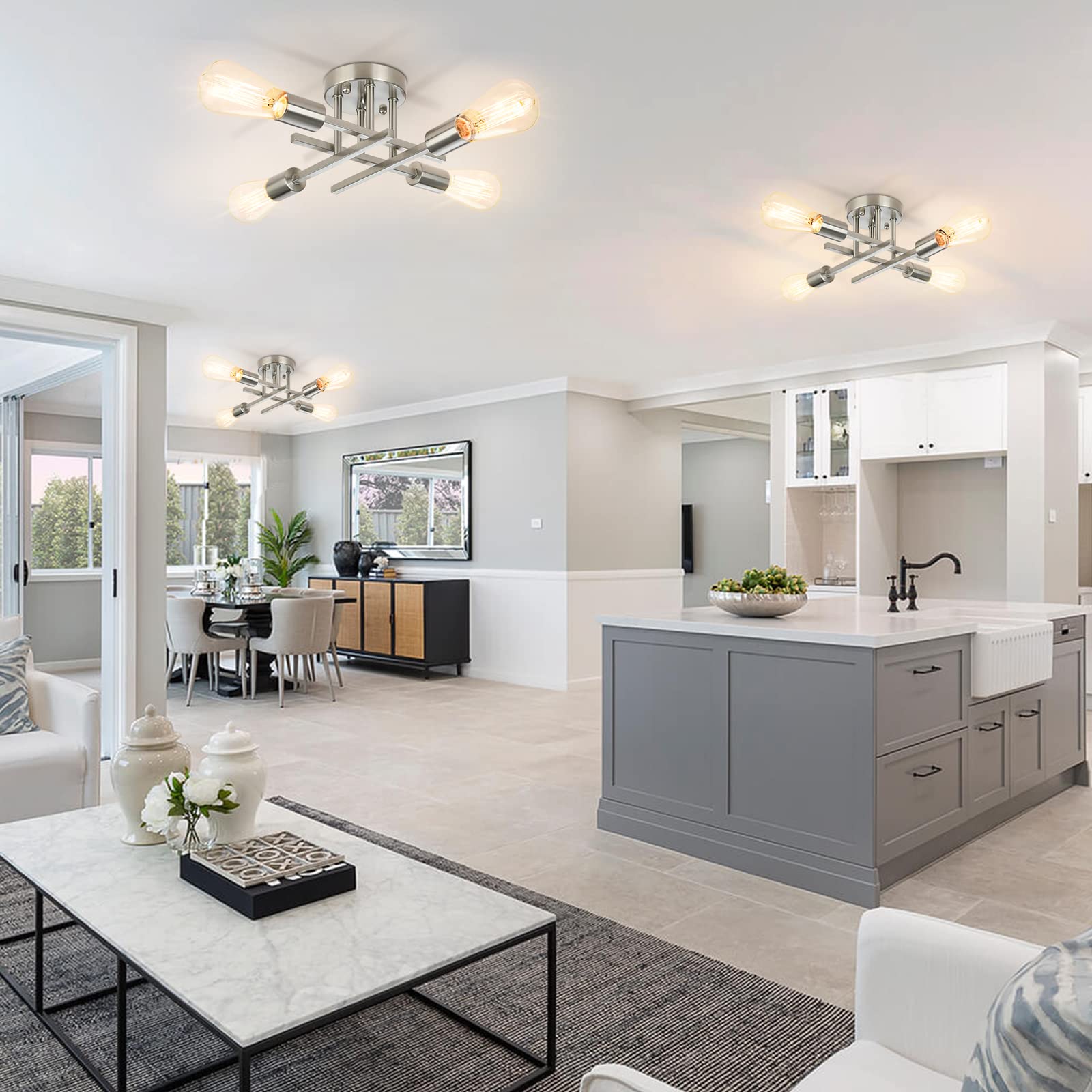 Sunrider 2-Pack Industrial 4-Light Semi Flush Mount Ceiling Light Fixture, Brushed Nickel, Silver Farmhouse Rustic Sputnik Chand