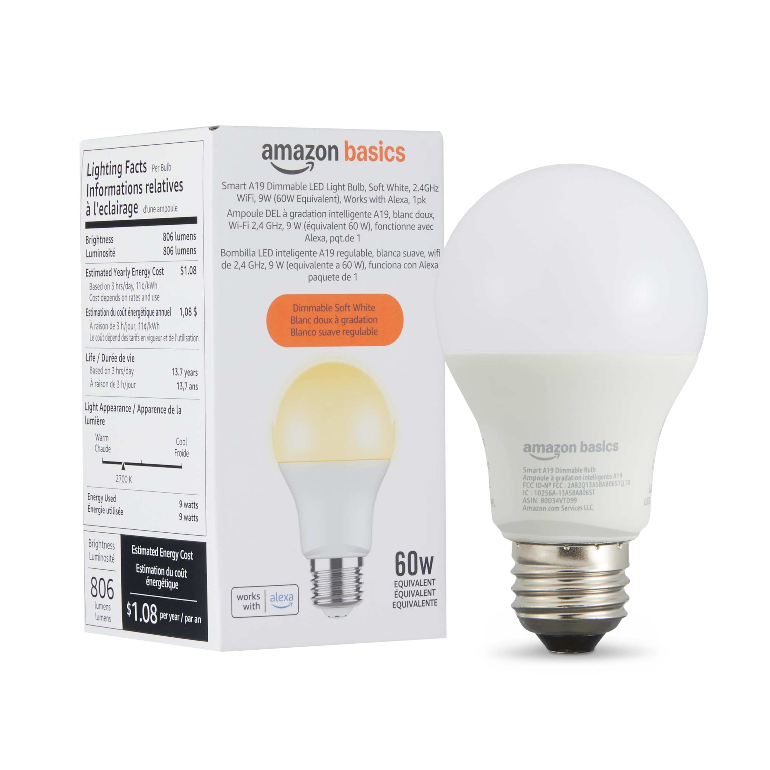 Amazon Basics Smart A19 LED Light Bulb, Dimmable Soft White (2700K), 9W (60W Equivalent), 800LM, Works with Alexa Only, 2.4 GHz