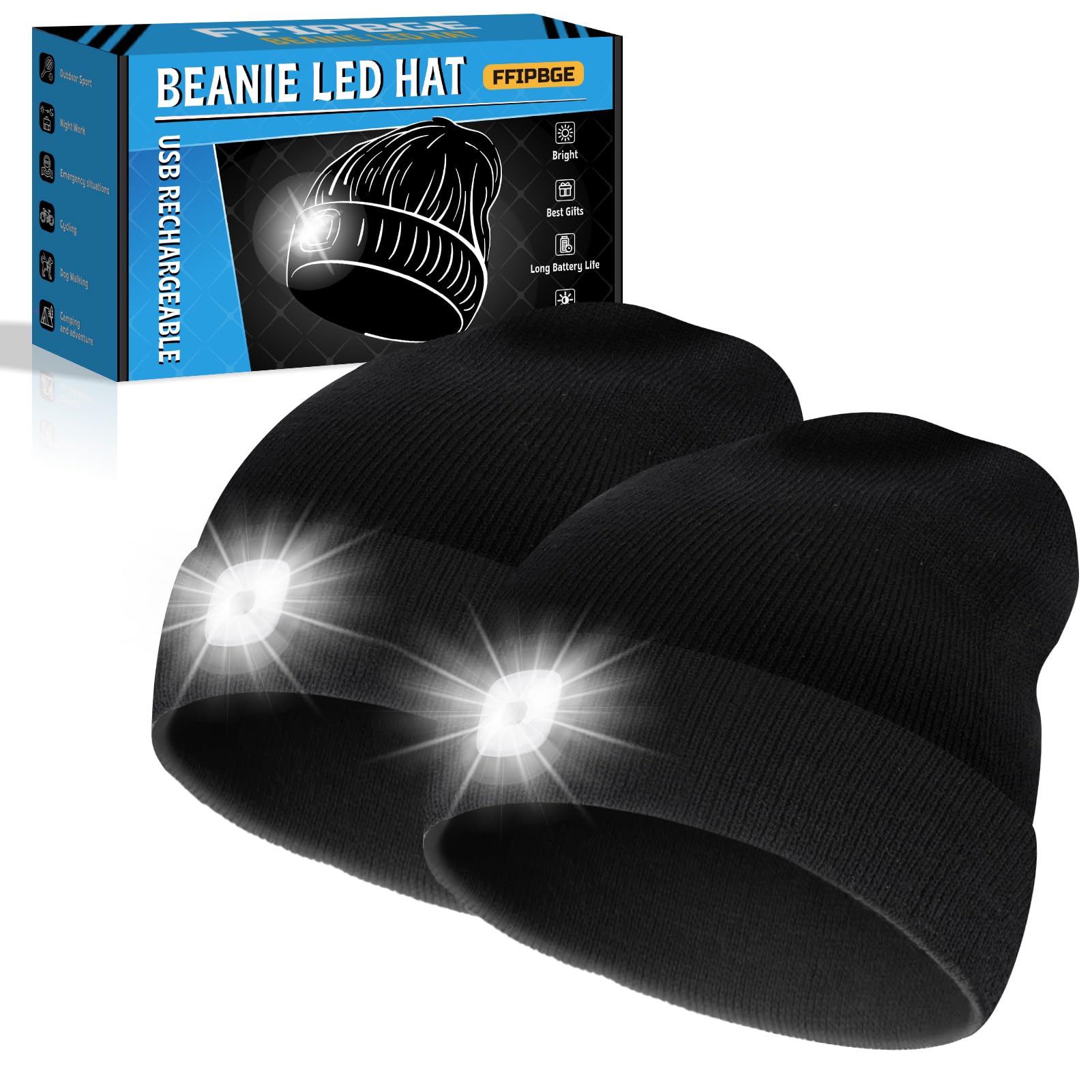 FFIPBGE Beanie Hats with Light, USB Rechargeable Headlamp, 2 Pack, Black, Model BHL2413, Ideal for Camping and Hiking