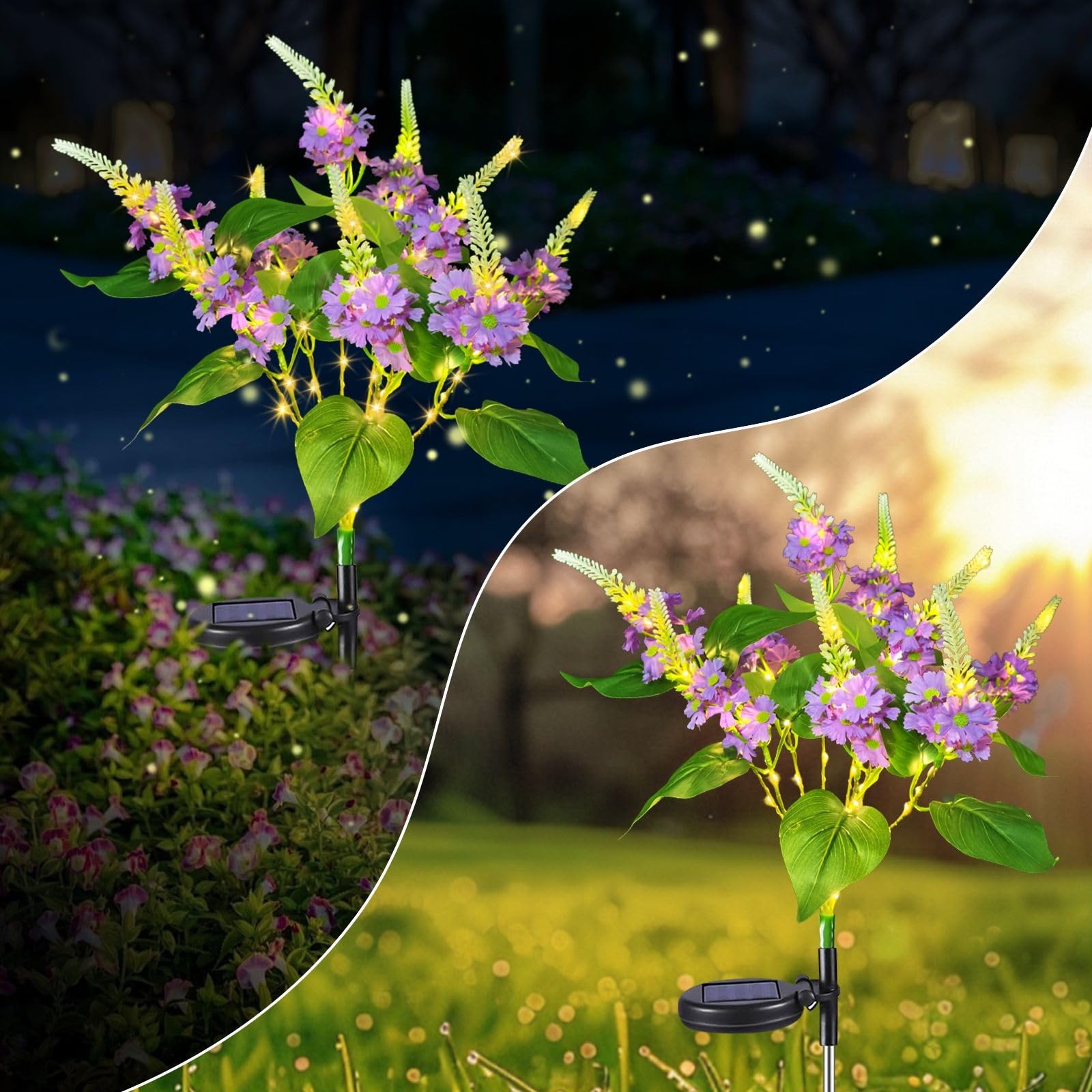 Neporal Solar Flowers Outdoor Waterproof Garden Lights, 8-Stem, 2 Lighting Modes, Purple-2PK