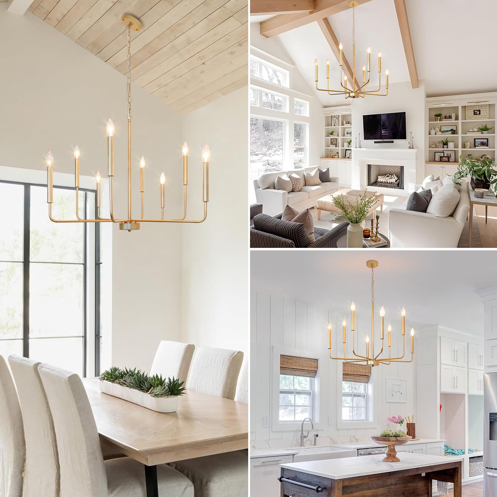 Rviezza 8-Light Gold Chandeliers - Modern Rustic Candle Pendant Light for Dining Room, Living Room, Entryway, Foyer, Kitchen