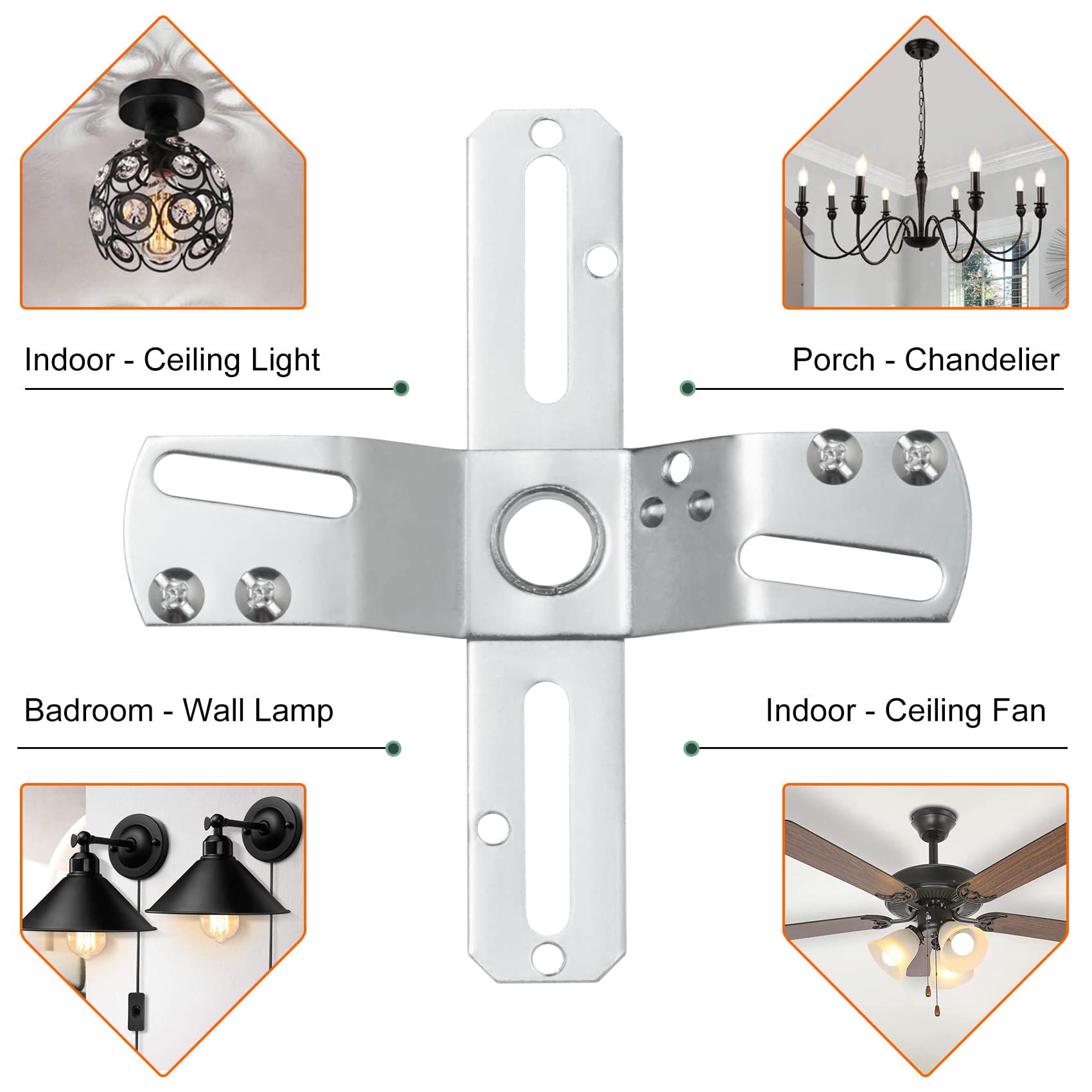 Qc Ceiling Light Fixture Mounting Bracket, Steel Crossbar, Swivel Junction Box Adapter, Silver, Upgraded Version