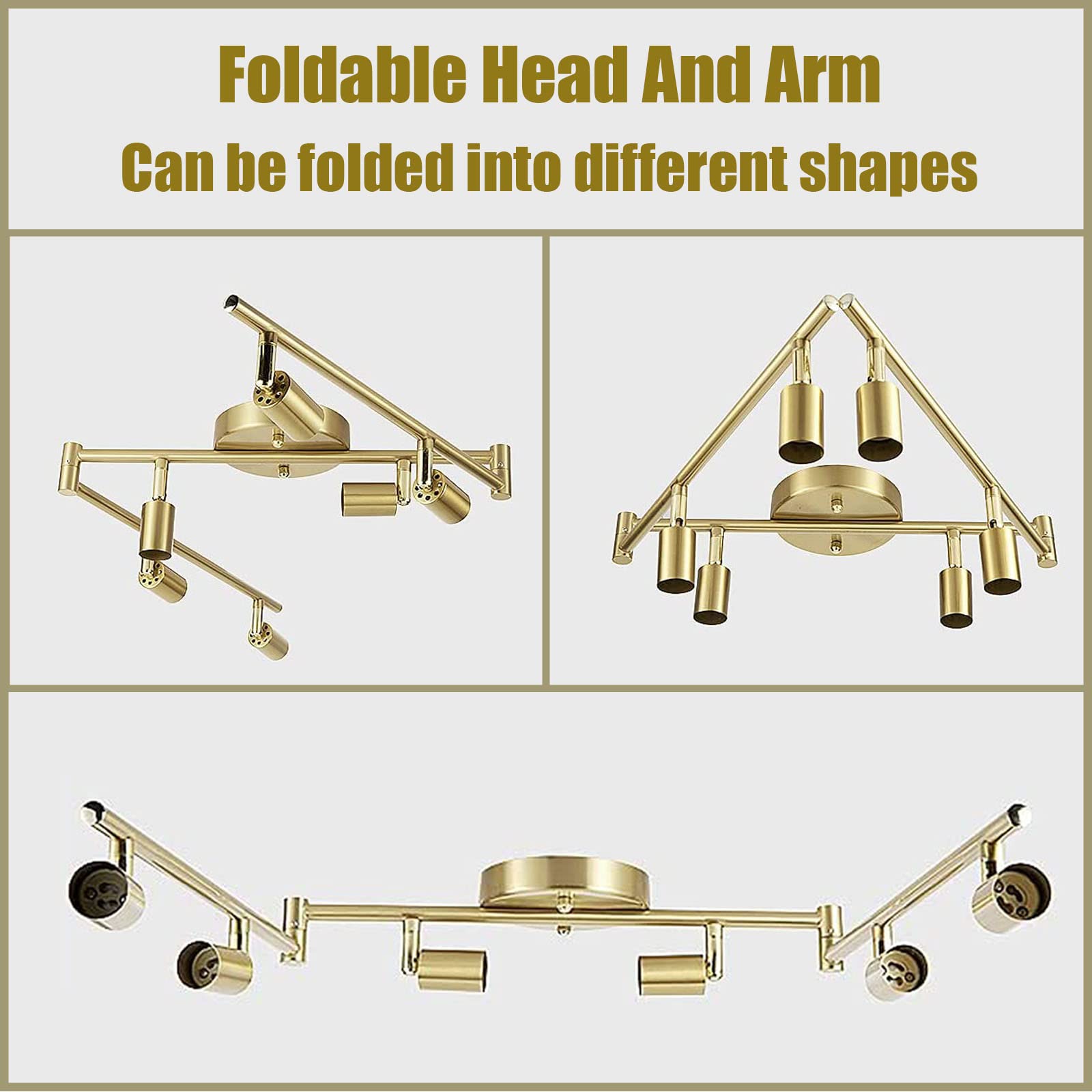 Jqire 6-Light Led Track Lighting Kit,Golden Finish 6 Way Ceiling Spotlight,Rotatable Light Heads,Modern Foldable Track Light Fixtures,Included 6 X Led Gu10 Bulb (4W, Daylight White 5000K,400Lm)