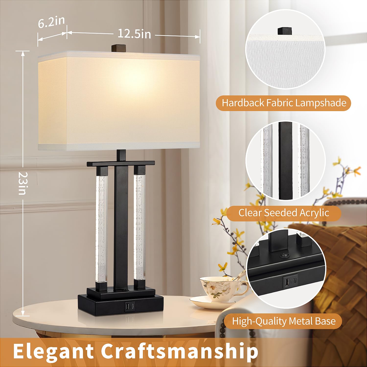 Lovlast Modern Table Lamps Set of 2 - 23" Black Bedside Lamps with 3-Way Lighting, USB Charging Port, 2 Bulbs Included, Model HD-TB1211