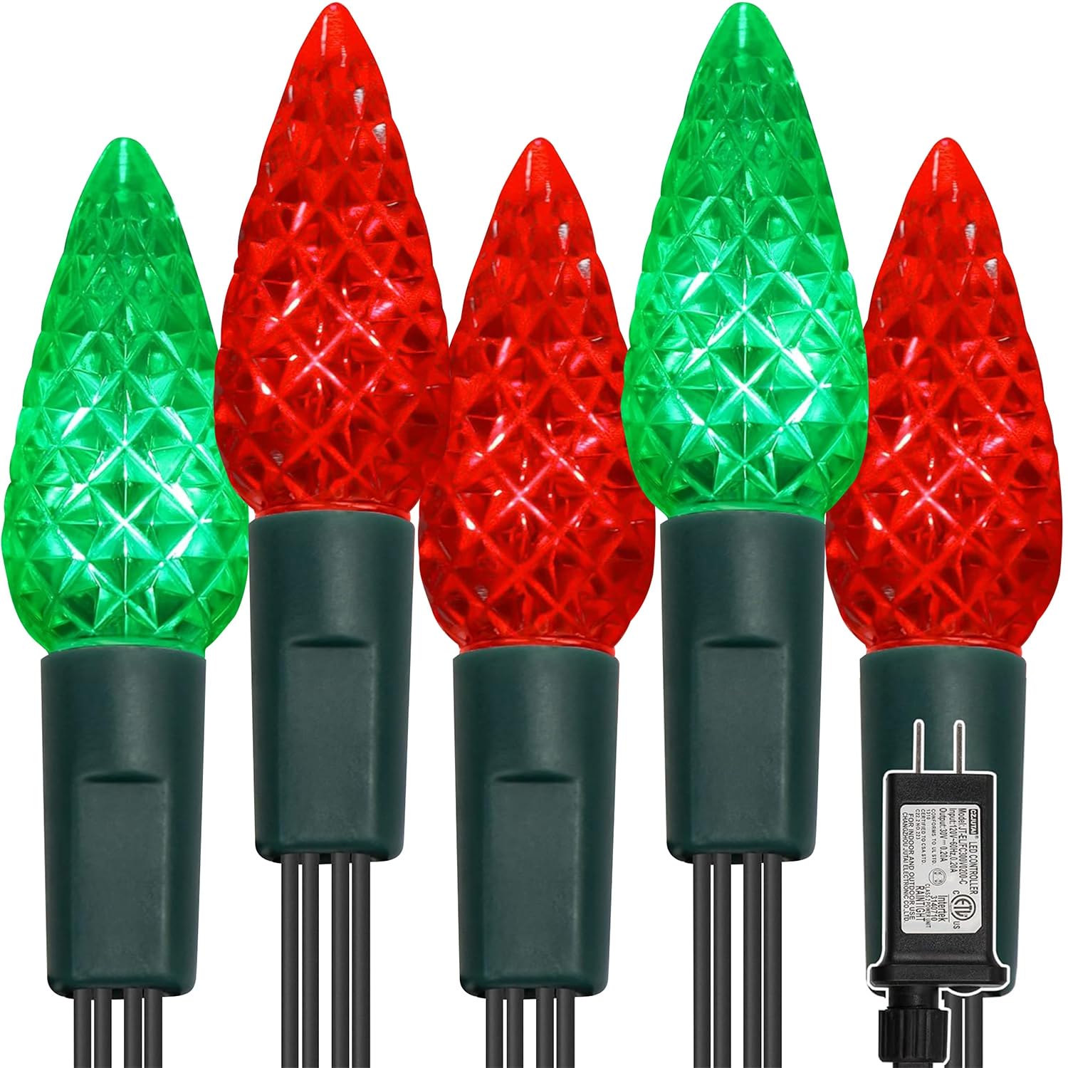 WATERGLIDE C6 Christmas Lights, 33ft 100 LED Faceted String Lights Green Wire Fairy Lights with Safe Adaptor, 8 Lighting Mode, W