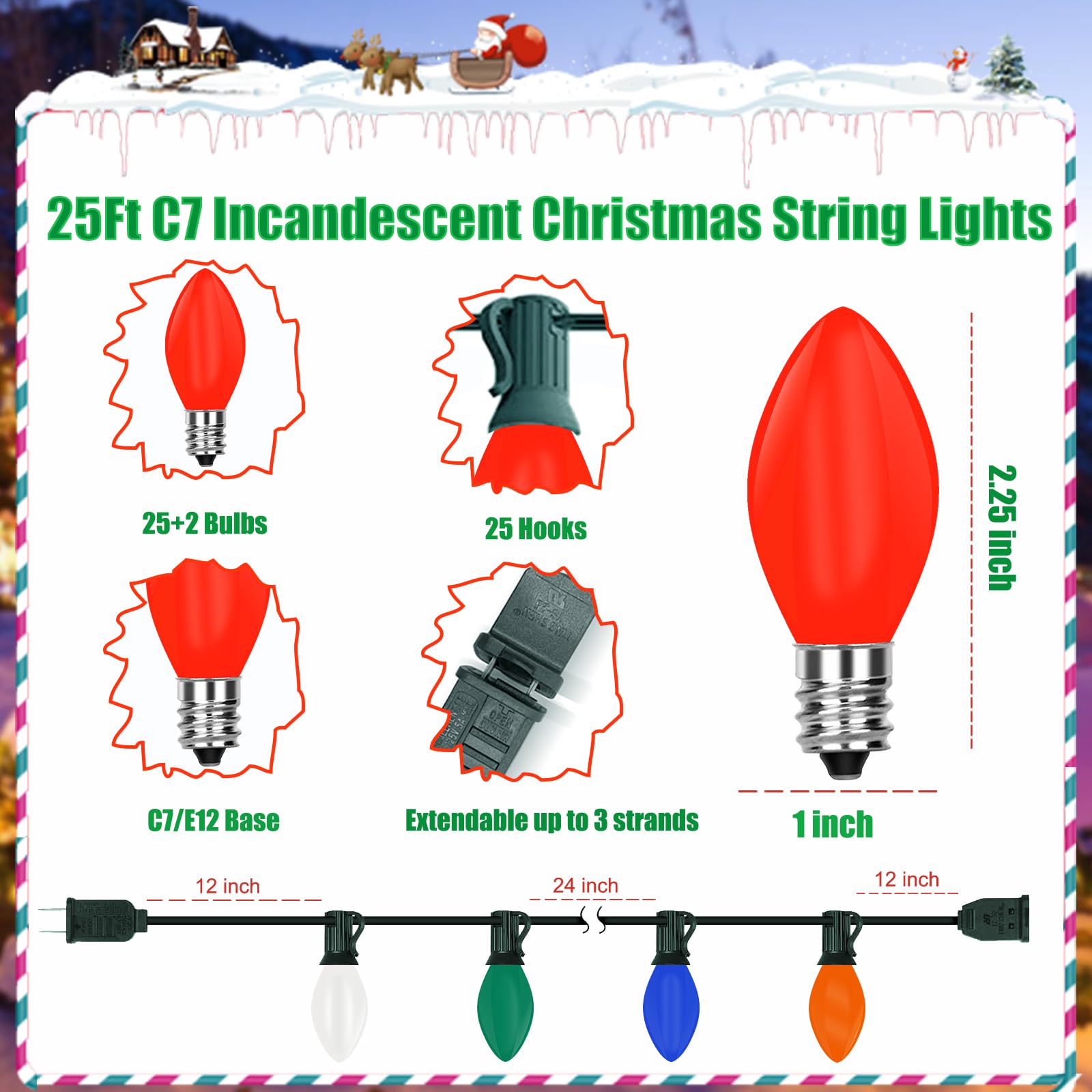 C7 Christmas Lights 25Ft 5 Multicolor Outdoor String Lights With 27 C7 Ceramic Bulbs, Vintage Christmas Decorations Ul Listed Fo