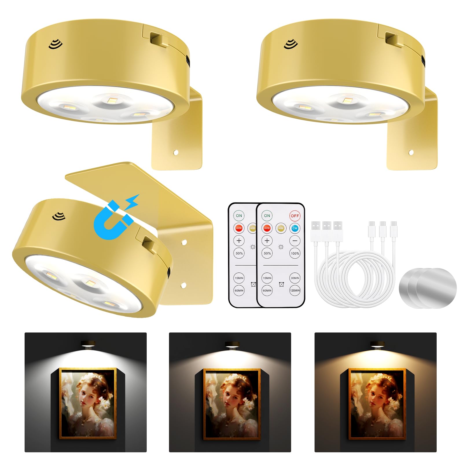 Tututry Picture Lights for Wall, Painting Frame Lights with 3 Lighting Modes, Rechargeable Battery Operated Wall Lights, Magneti