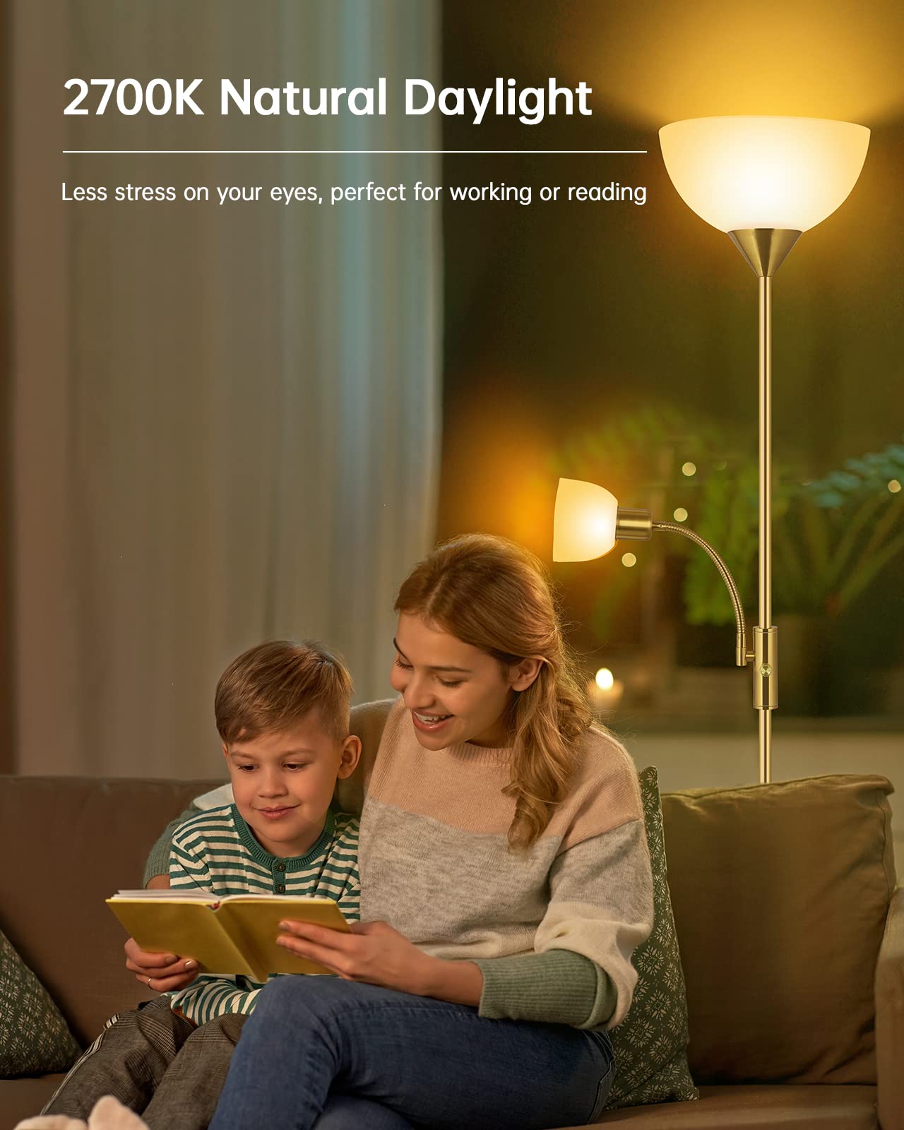 Boostarea Floor Lamp, Gold Standing Lamp, Led Torchiere Floor Lamps With Adjustable Reading Lamp, 71'' Tall Pole Lamp,3 Way Swit