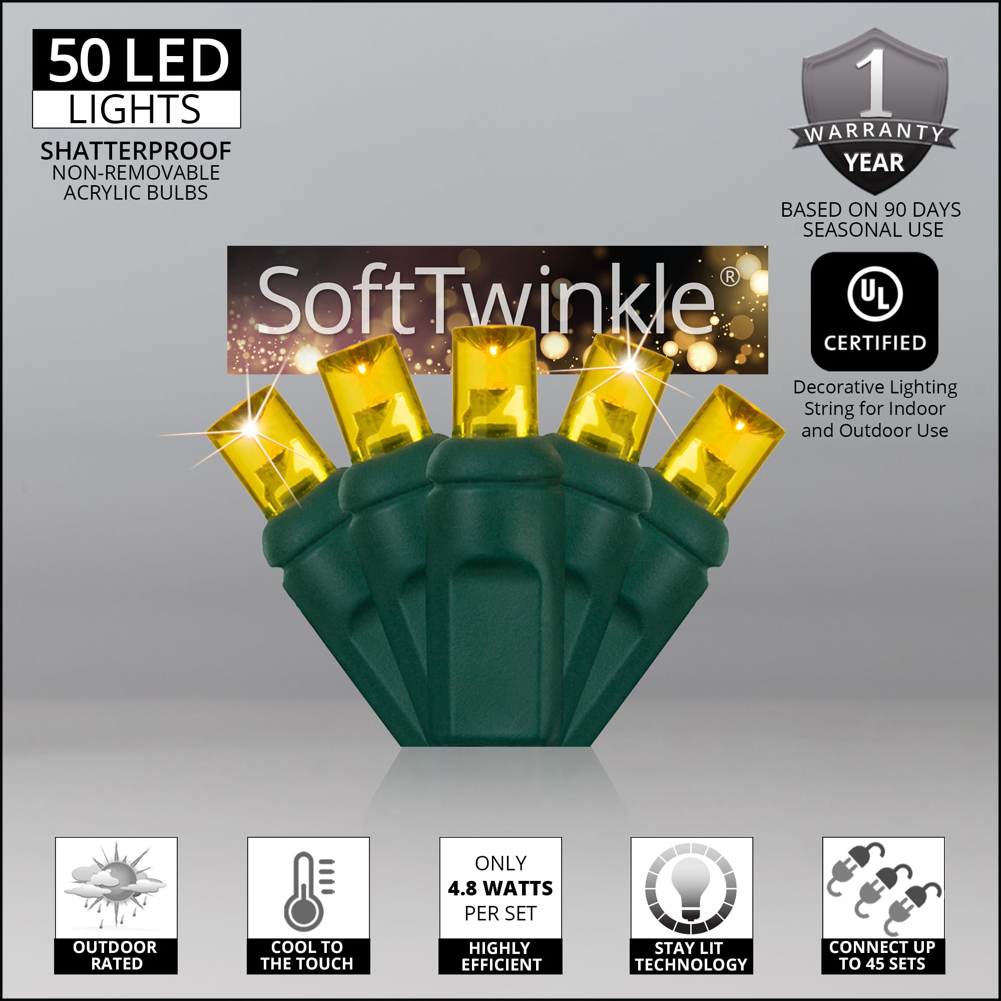 Wintergreen Lighting Soft Twinkle Christmas Lights, 50 Lights, 17 Ft, Green, Model WG1-2-50, Acrylic Material