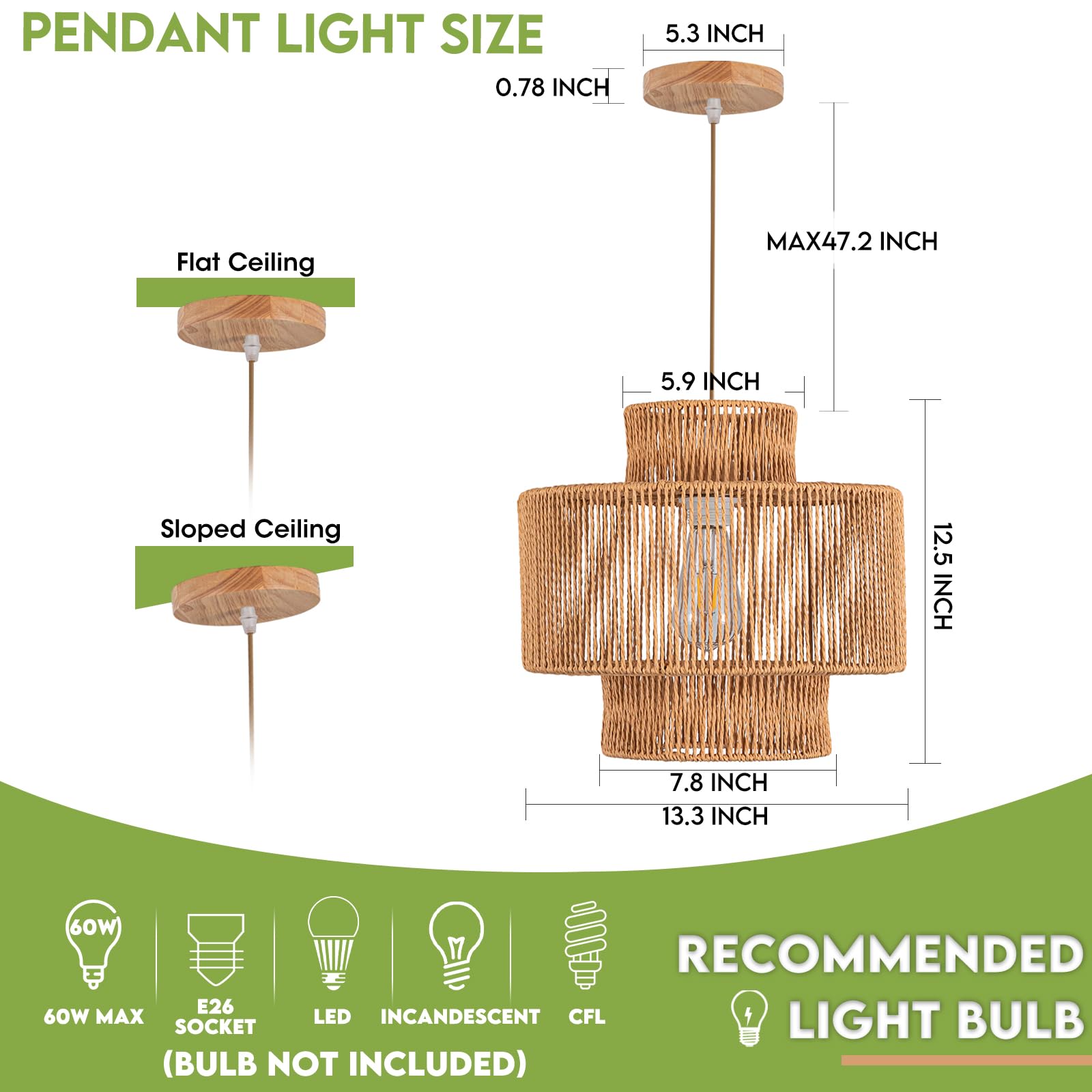 Dsliting Rattan Pendant Light Boho Chandelier For Dinning Room Bohemian Hanging Lights 3-Tier Rattan Chandelier Basket Light Wov