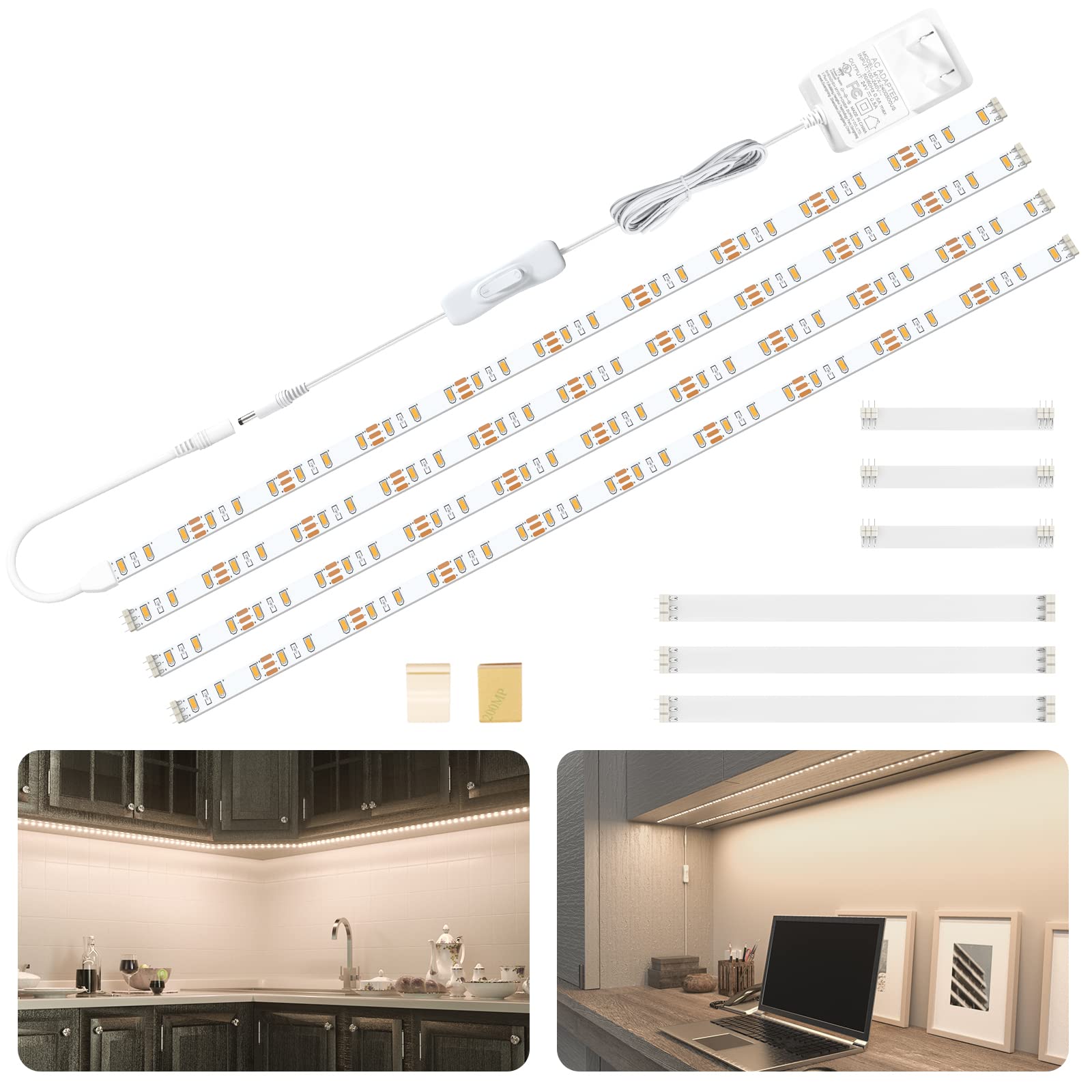 WOBANE LED Cabinet Lights, 4 PCS 20inch LED Strip Lights Kit, Under Counter Lighting for Kitchen, Under Desk, Shelf, Display Cas