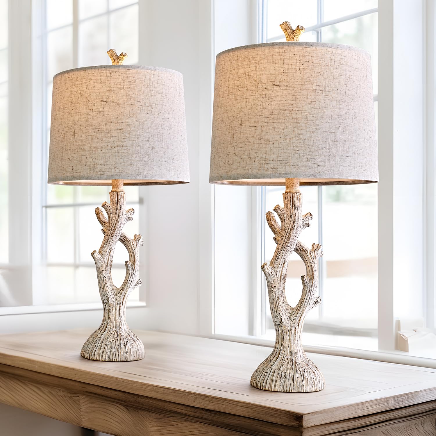 OYEARS Farmhouse Table Lamps Set of 2, Vintage Natural Style, 25" White Bedside Nightstand Lighting