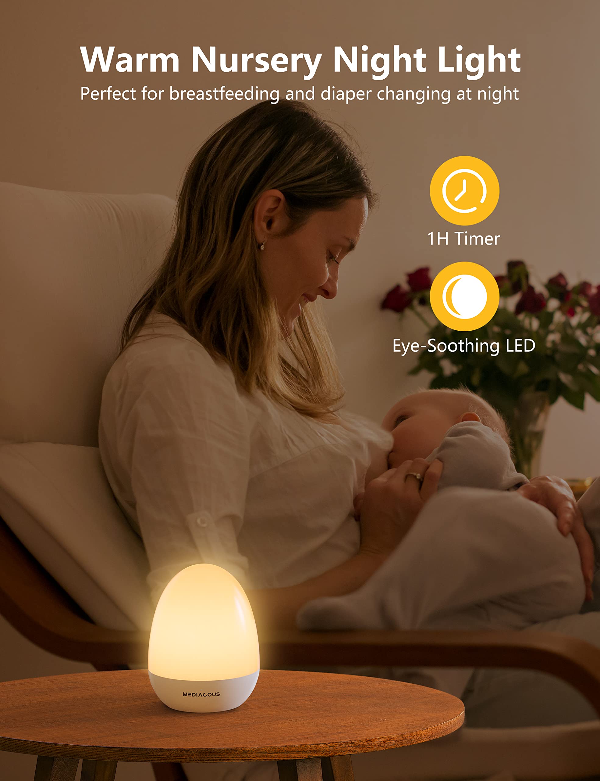 MediAcous Kids Night Light - Dimmable LED Egg Lamp with Touch Control, Timer, Stable Charging Pad, White, Model ME-NL02