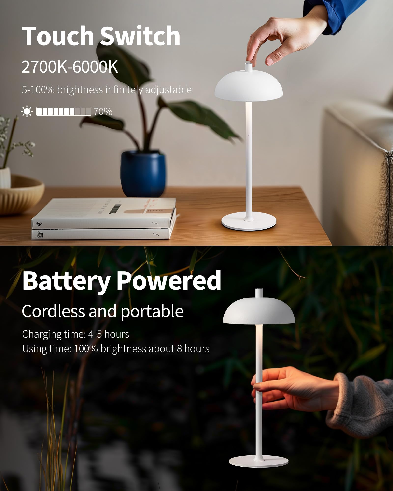 NEWSEE Cordless LED Table Lamps Set of 2, 12in Metal, 3 Color Dimming, Rechargeable, White