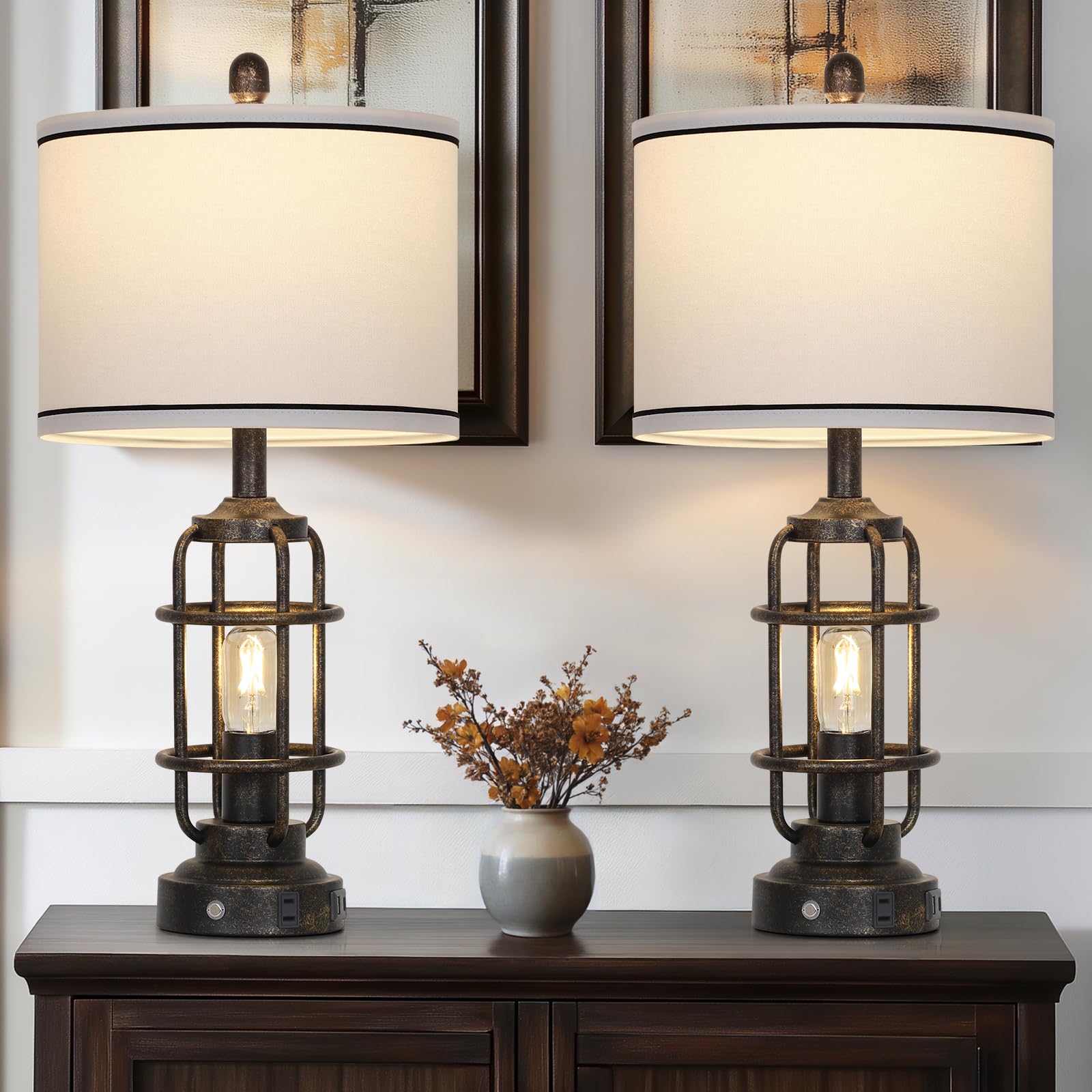 26'' Vintage Industrial Table Lamps Set Of 2, Farmhouse 3 Way Dimmable Touch Control Led Night Lights Table Lamp With Usb A+C Po