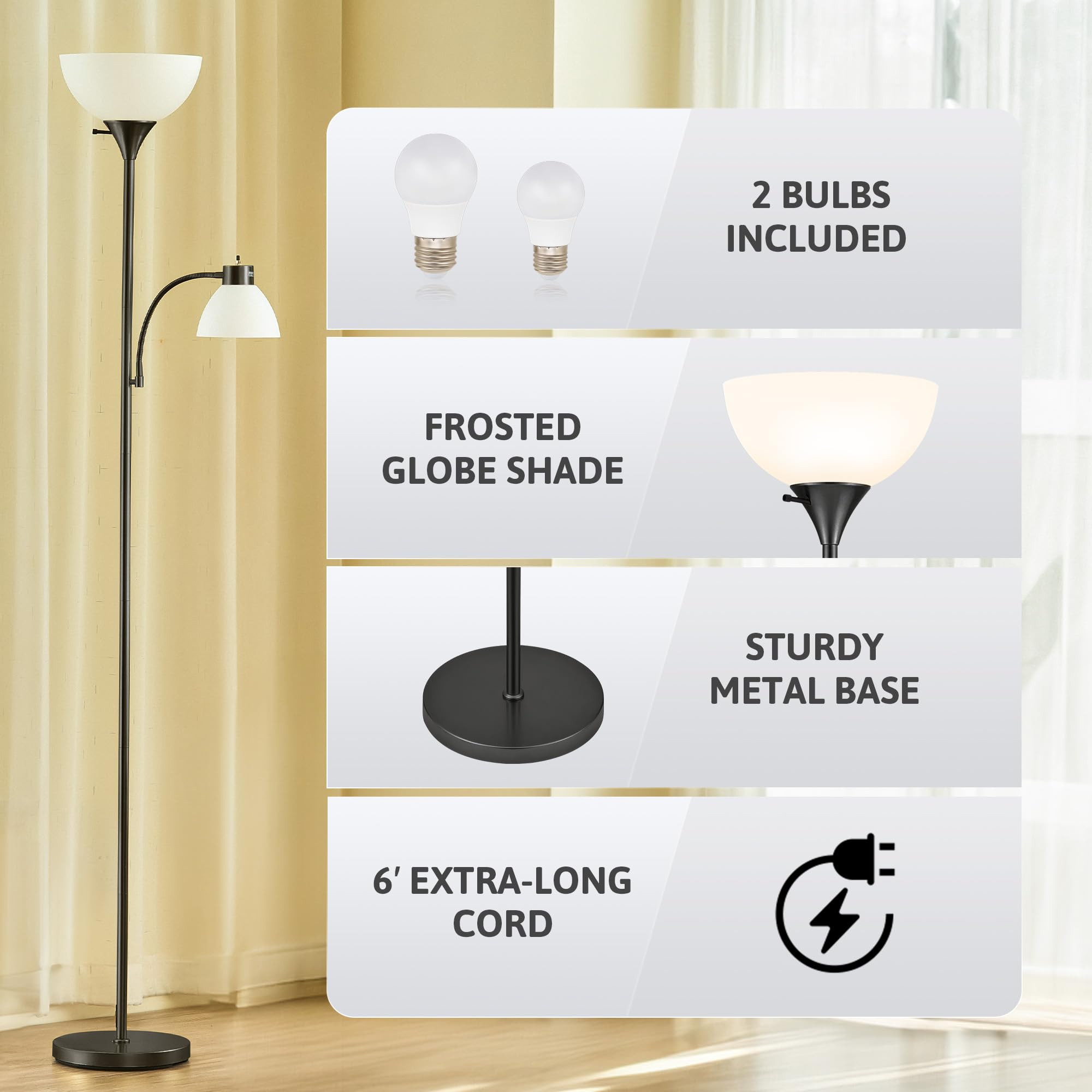 VONLUCE Torchiere Floor Lamp, 71in Adjustable Reading Lights, 2 Bulbs, Black, Model PTL-58DR
