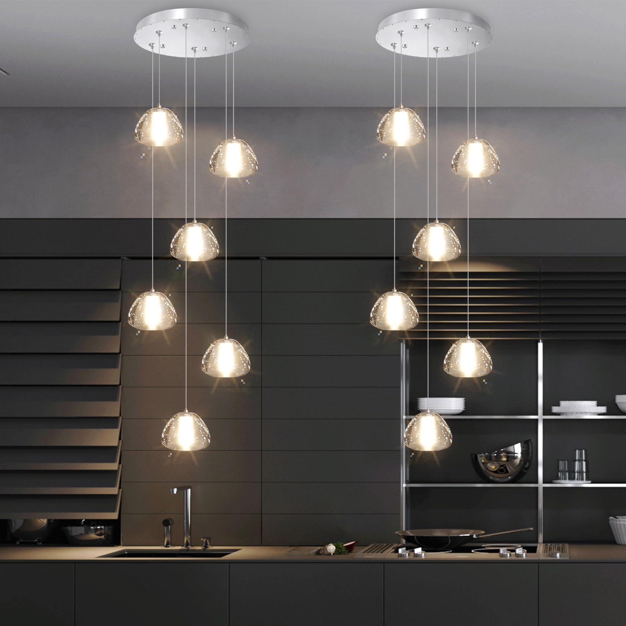 dolria 6-Lights Round Crystal Pendant Lighting, Modern Silver Chandelier for Dining Room, Bedroom, Foyer, Model PC0010, 3000K
