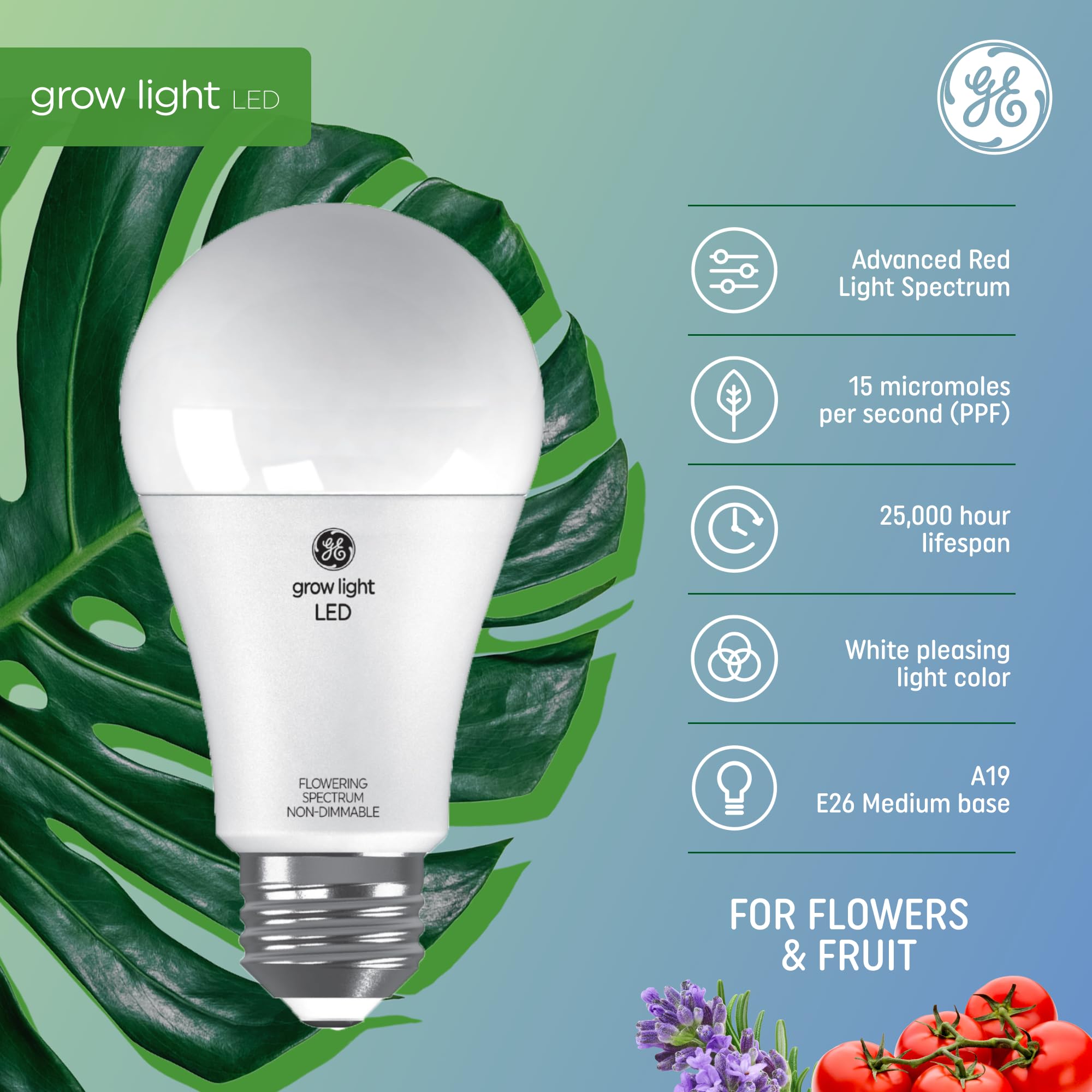 GE Lighting LED Grow Light Bulb, High Output PPF 15 µmol/s, A19, 2 Pack, for Flowers & Fruiting, Plastic
