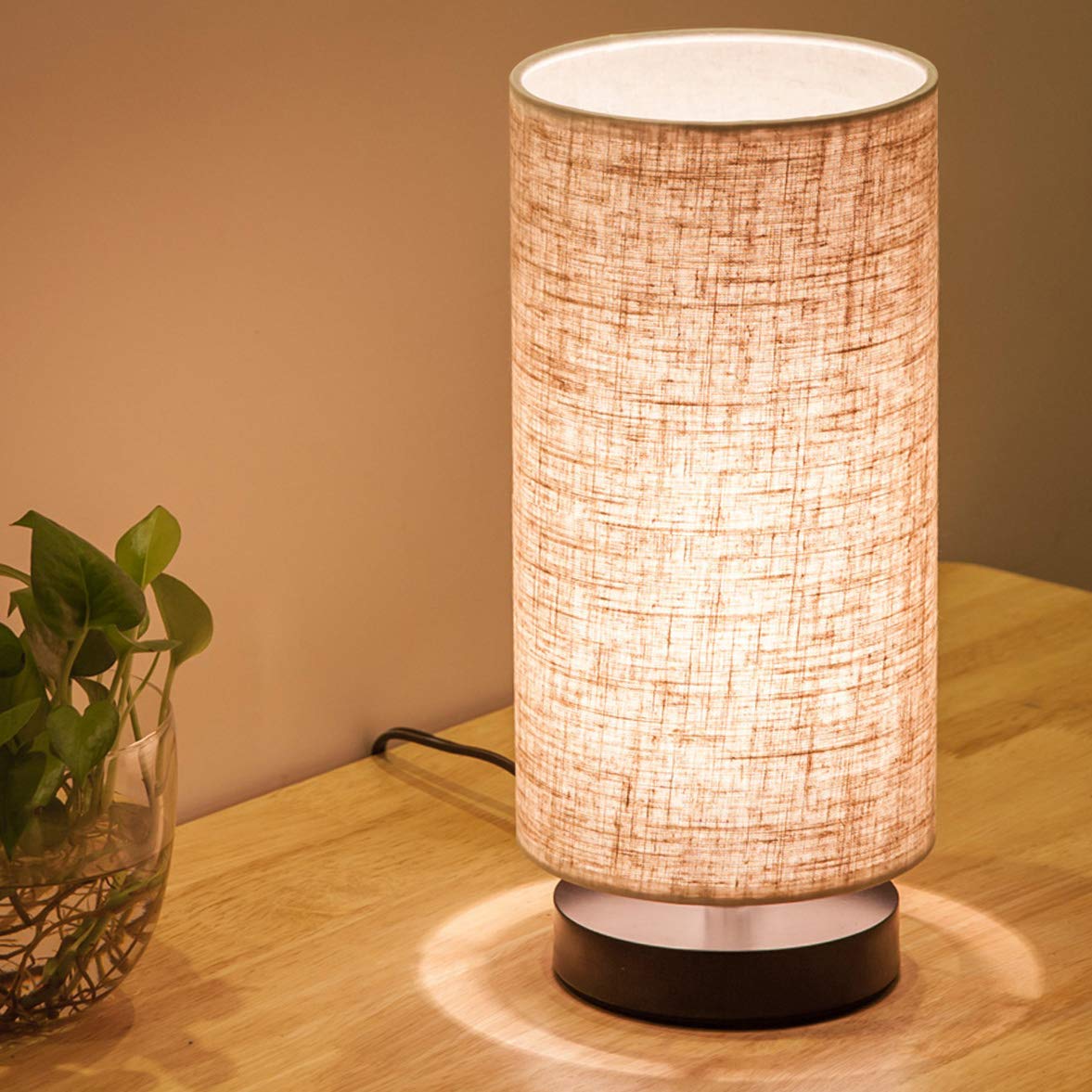 lifeholder Table Lamp, Simple Fabric Wooden Design, Round Beige, Model TD-01, Ideal for Bedroom, Living Room, Office