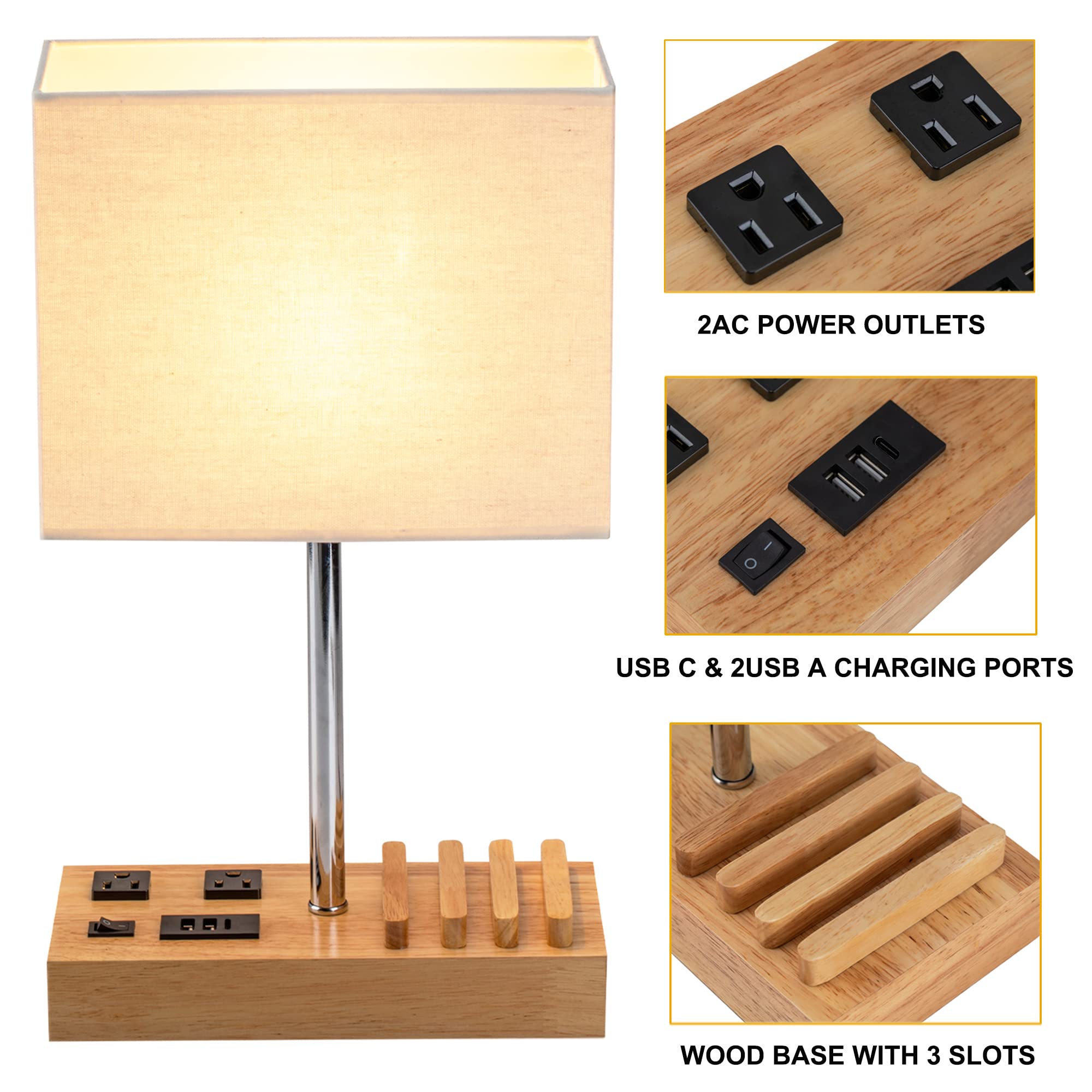 Dreamholder Desk Lamp - 3 USB Charging Ports, 2 AC Outlets, Natural Wood Base, Model DH9019W, Cream Linen Shade