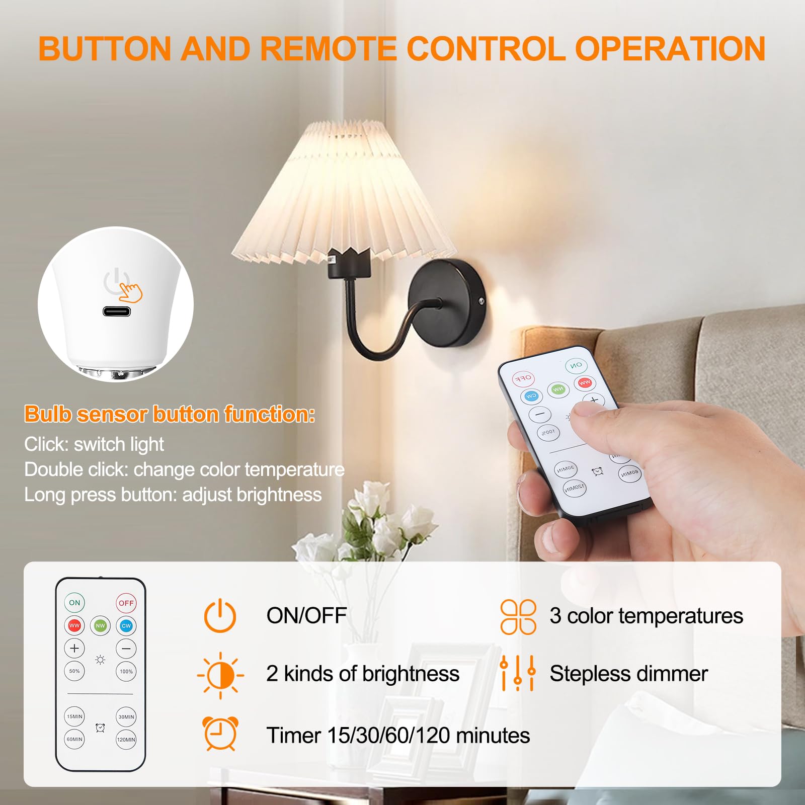 HOJOYRI Rechargeable Light Bulbs 4-Pack with Remote Control, Dimmable LED, E26 Cordless Battery Operated, 2200mAh, Plastic, Wireless