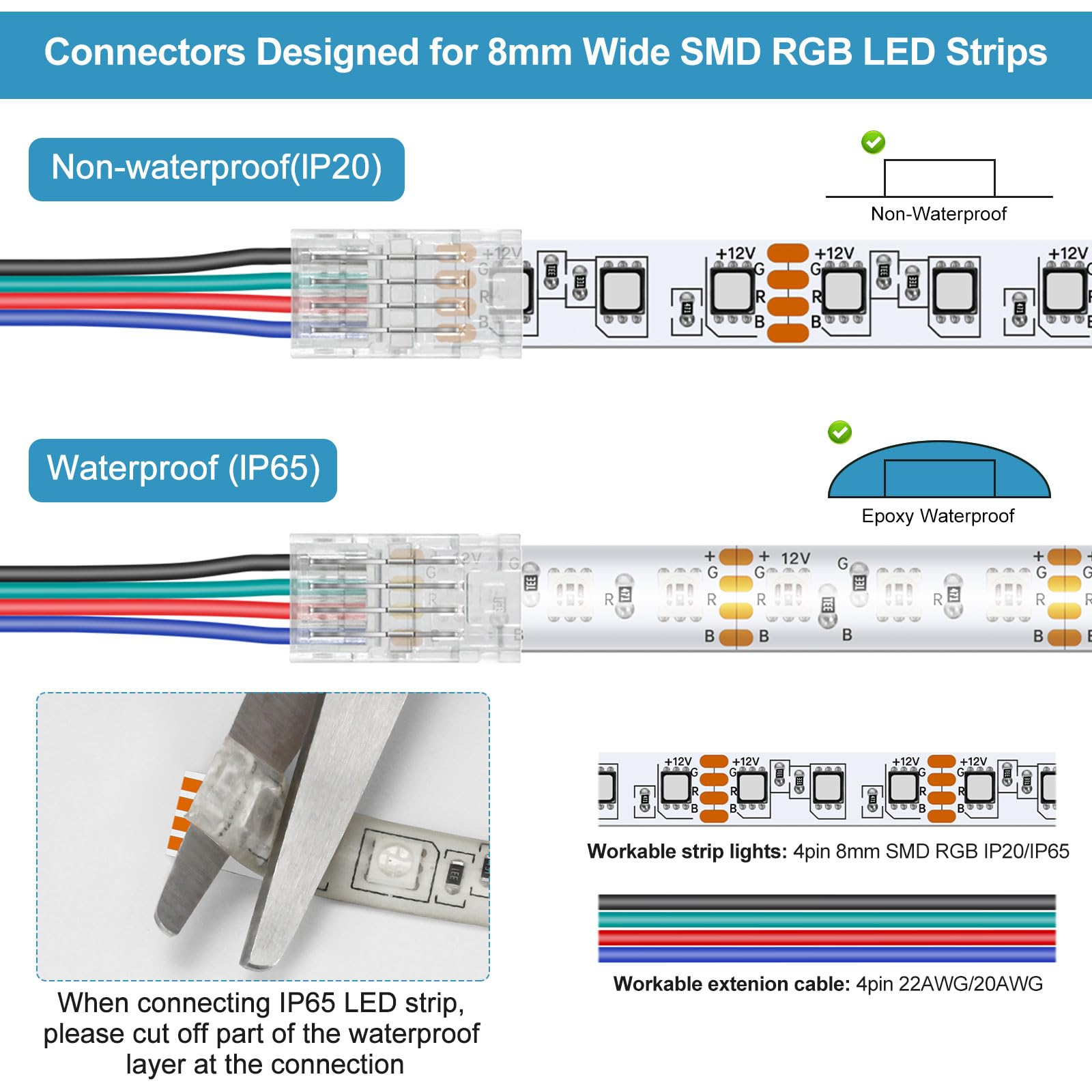 Rgbzone 25Pcs 4 Pin 8Mm Led Strip Connectors Gapless Solderless Led Strip To Wire Quick Connection For 8Mm Wide 5050/3528 Smd Rg