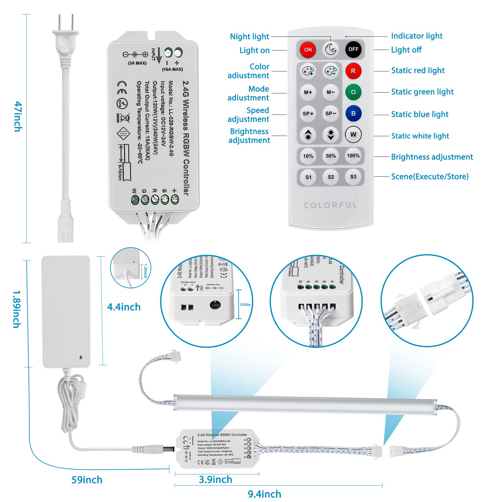 Litever Under Cabinet Led Lighting Kit. Rgb Color & Bright Warm White Light. Slim Linkable Led Light Bars With Power Adapter  Controller  Extension Cords. Max 24W. Dimmable. Plug In. Rgb + 3000K.
