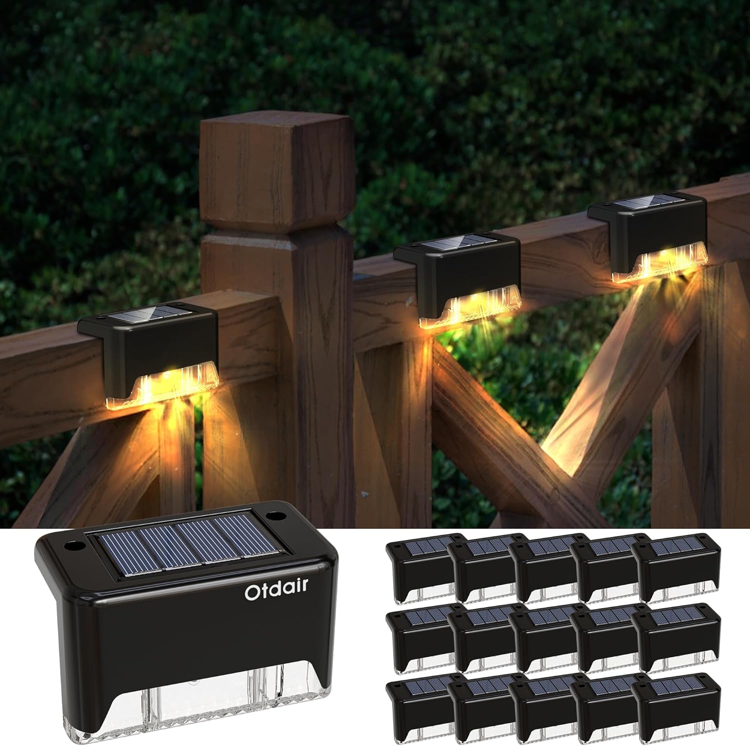 Otdair Solar Deck Lights - 16 Waterproof LED Step Lights for Deck  Stairs  Yard  Patio  and Pathway (Warm White)  Black