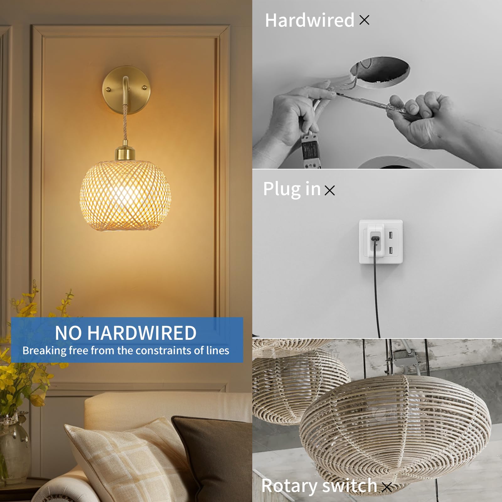 Vitnucrol Gold Wall Sconces Set of 2, Rechargeable Rattan Lamps with Remote, 15 Colors Dimmable, Wireless Boho Lighting, Model WS0008BM2