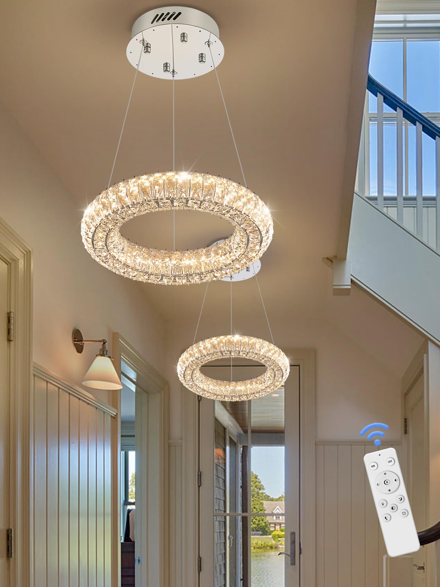 IDEQUY Modern Crystal Chandelier LED Pendant Light 7.8" Adjustable Silver CF8022-20Y for Dining Room Living Room