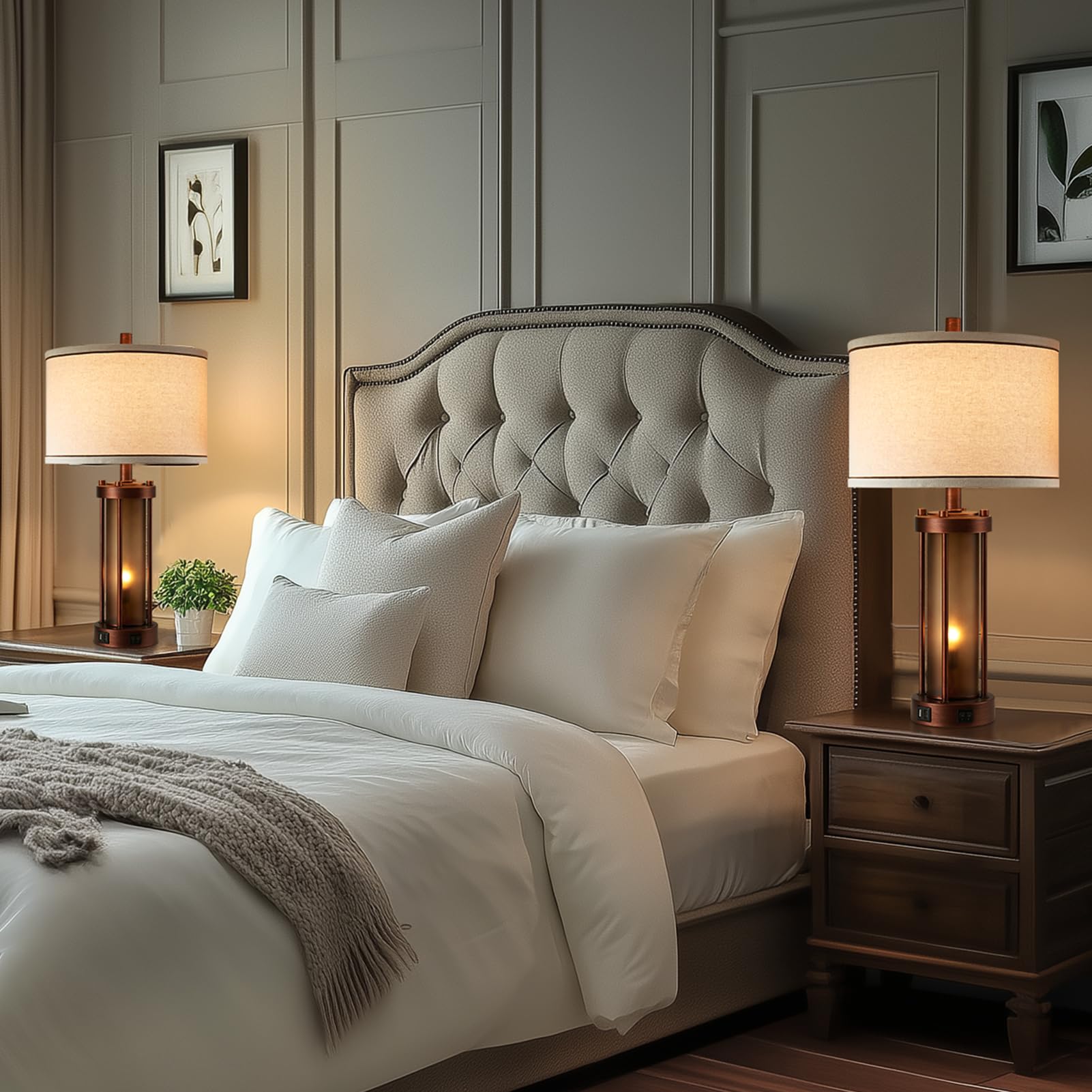 Set Of 2 Farmhouse Table Lamps For Living Room, Rustic Bedside Lamps With 2 Usb Charging Ports, Bedroom Nightstand Lamp With Amb