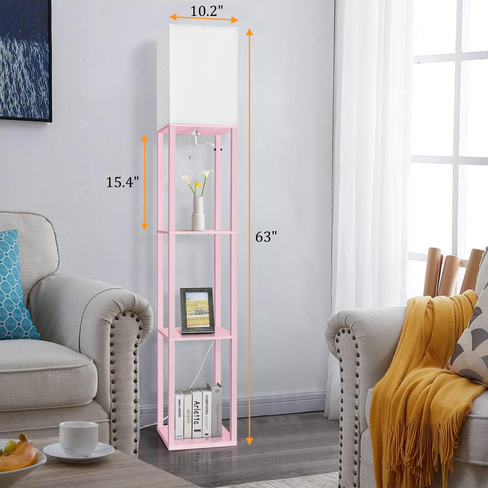 Dott Arts Floor Lamp with Shelves, 10.2in Wide, Wood, Pink, Model WLM1600-FLA-8W-13, Modern LED Standing Lamp for Living Room and