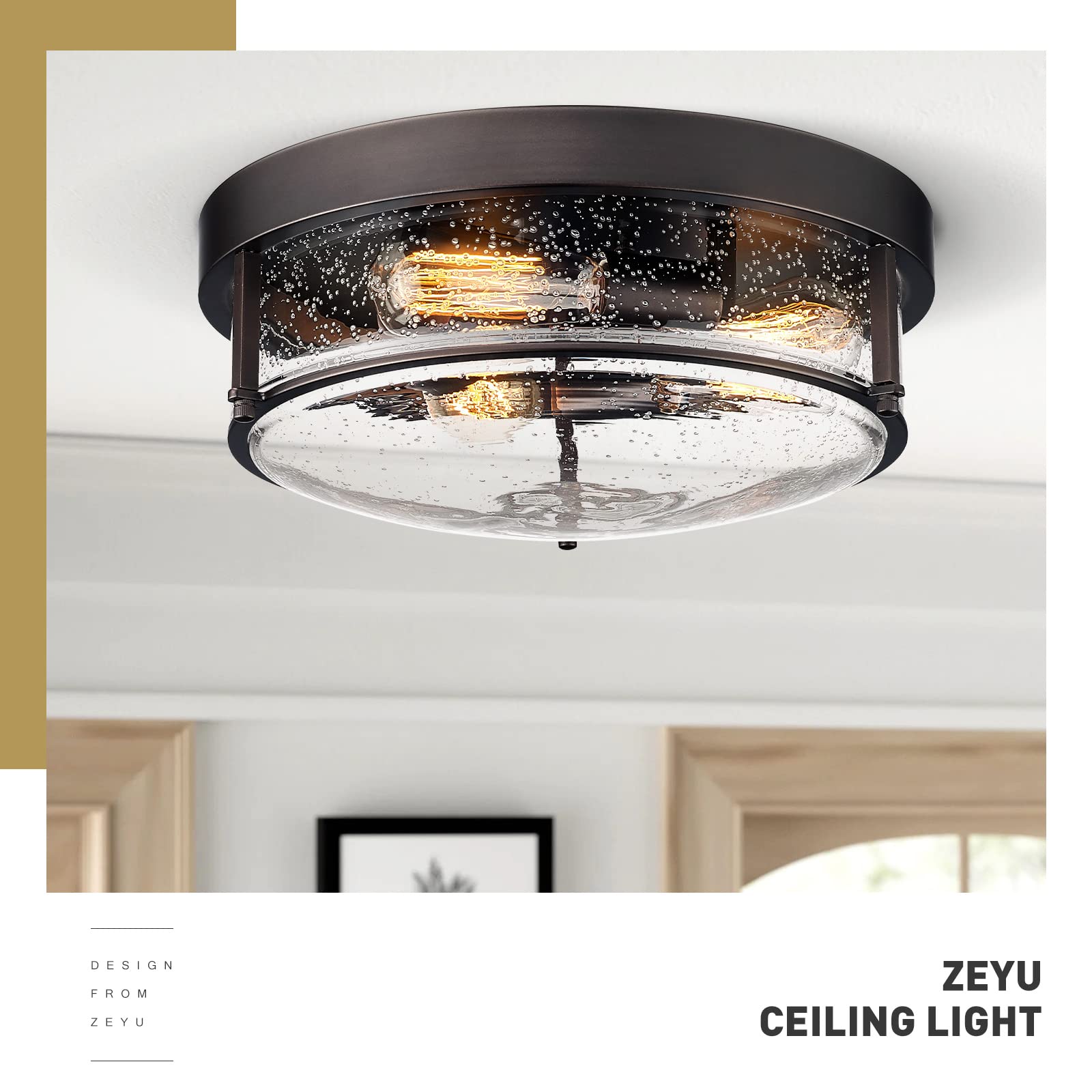 zeyu 3-Light Flush Mount Ceiling Light, 15 Inch, Oil-Rubbed Bronze, Seeded Glass, Model ZG59F ORB