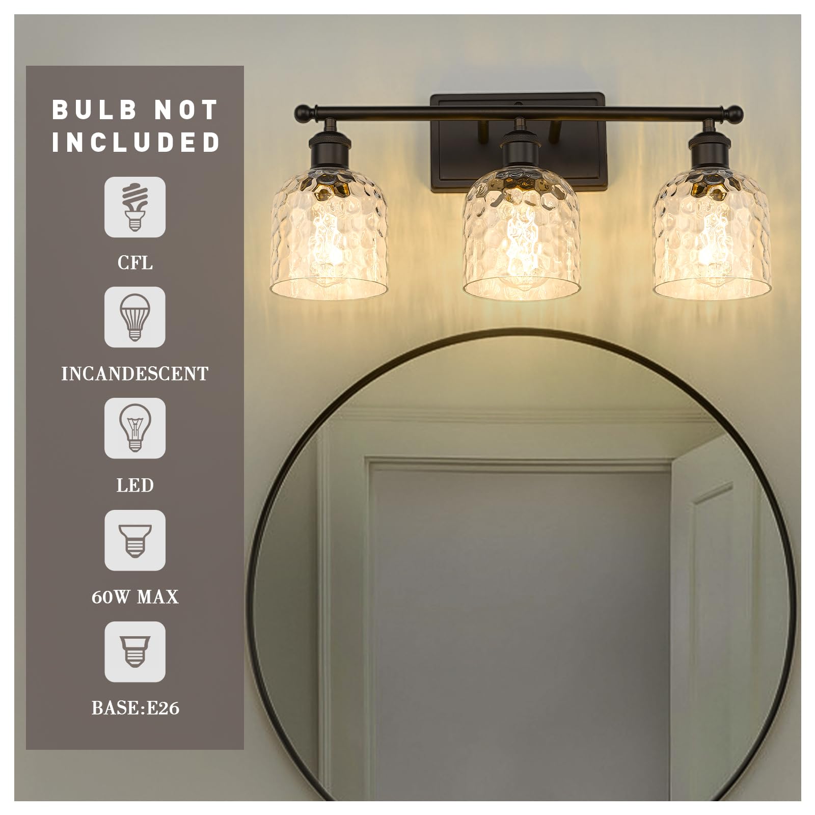 zeyu 3-Light Farmhouse Vanity Light - Hammered Glass, Oil-Rubbed Bronze Finish, 21-inch, Model ZJF63B-3W ORB