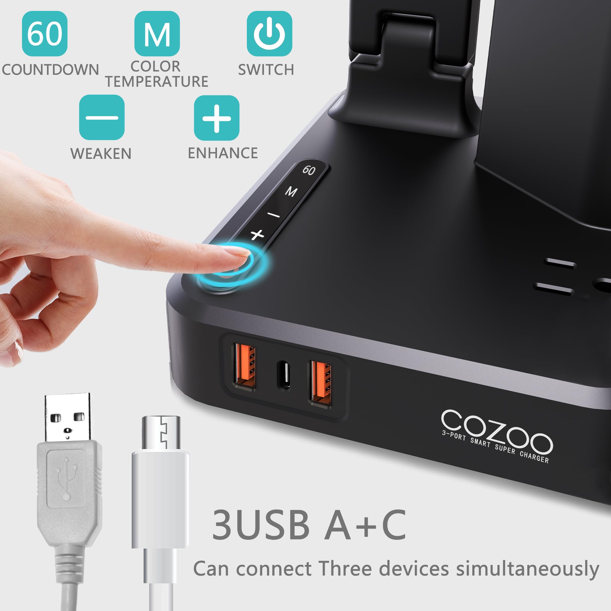 Cozoo Led Desk Lamp With Usb Ports, Ac Outlet, Touch Control, 3 Brightness Levels, Eye Protection