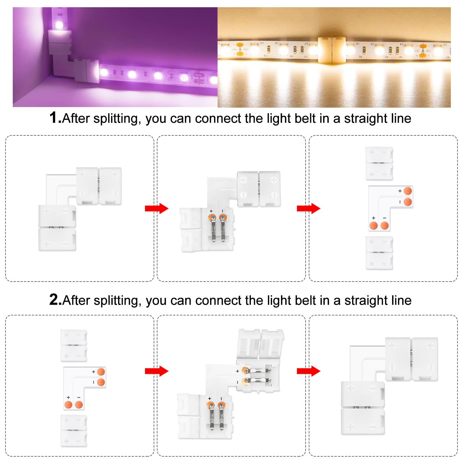 VIPMOON L Shape LED Strip Connectors, 2 Pin 10mm, 10 Pcs Right Angle Solderless Nylon Connectors, White