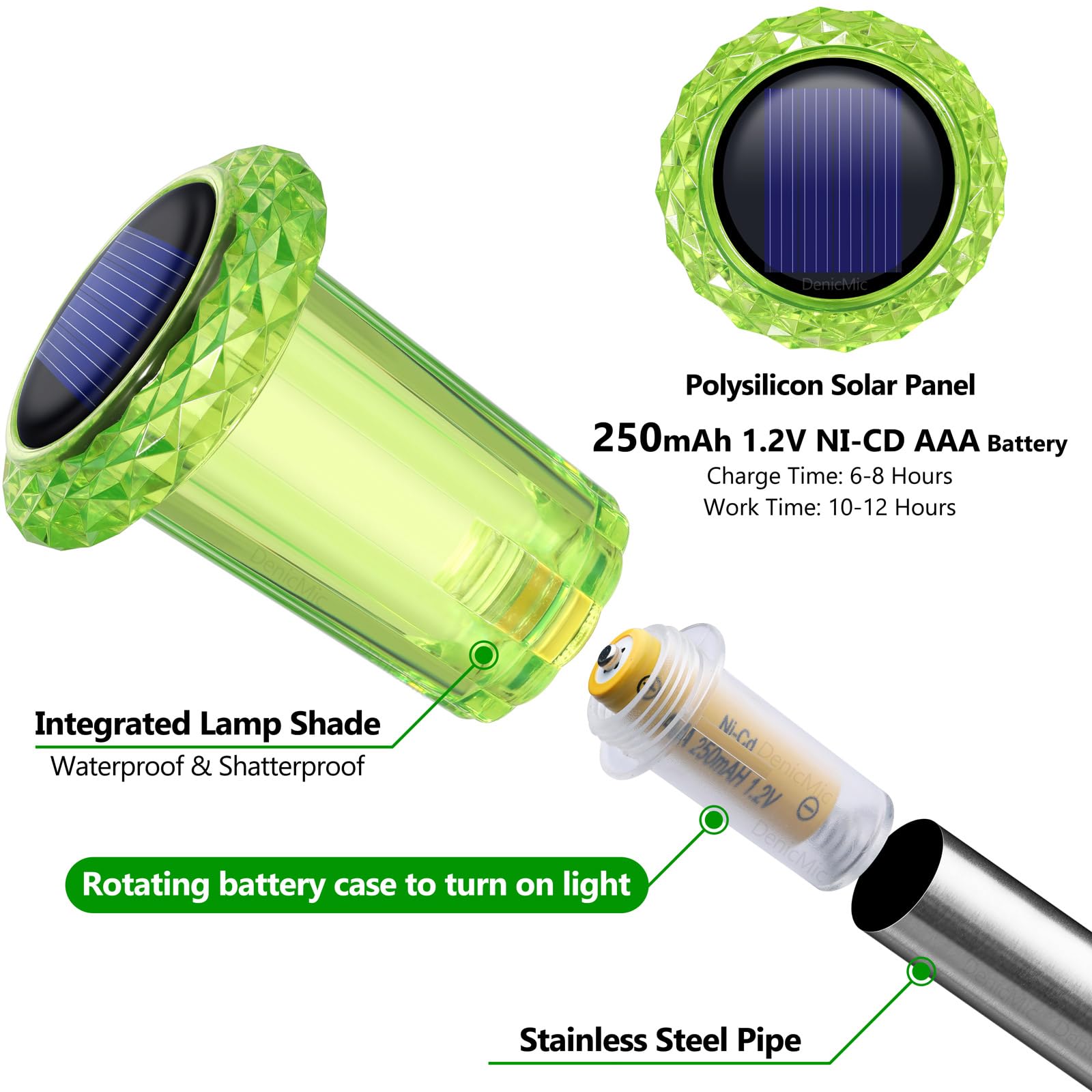 DenicMic Solar Pathway Lights, LED Waterproof Acrylic, Stainless Steel Stake, Green 10Pack, Model CL-XDC