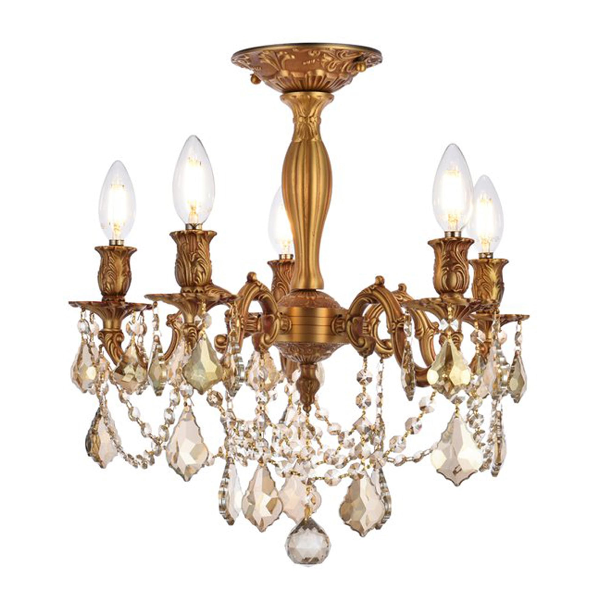Elegant Lighting 5-Light Crystal Chandelier, 18inLx18inWx17inH, French Gold Finish, Model 9205F18FG-GT/RC, Smoky Golden Teak Cr