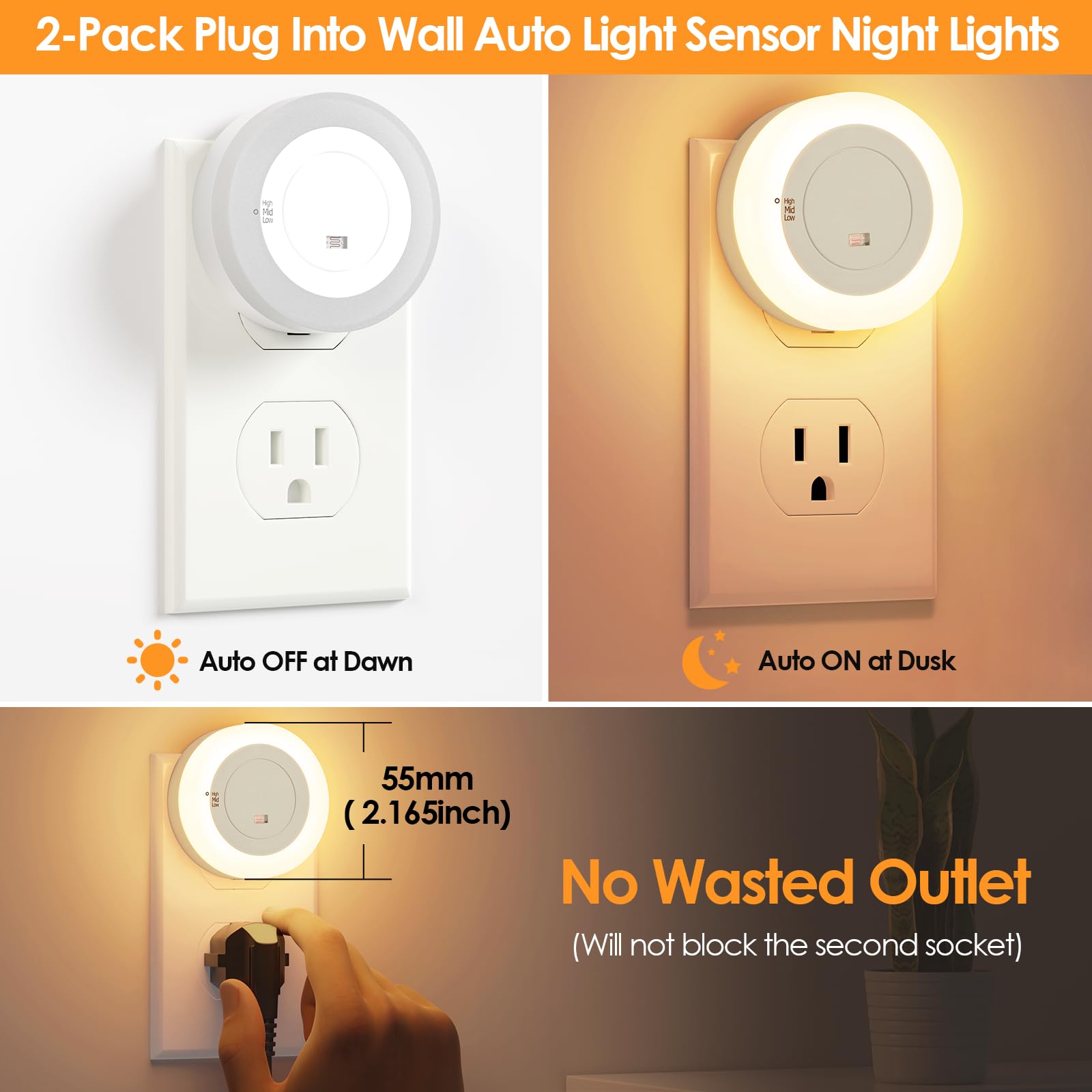 Folksmate Led Night Lights Plug In, Dimmable Nightlight Plug Into Wall With Light Sensor, Soft White Adjustable For Adults, Bedr