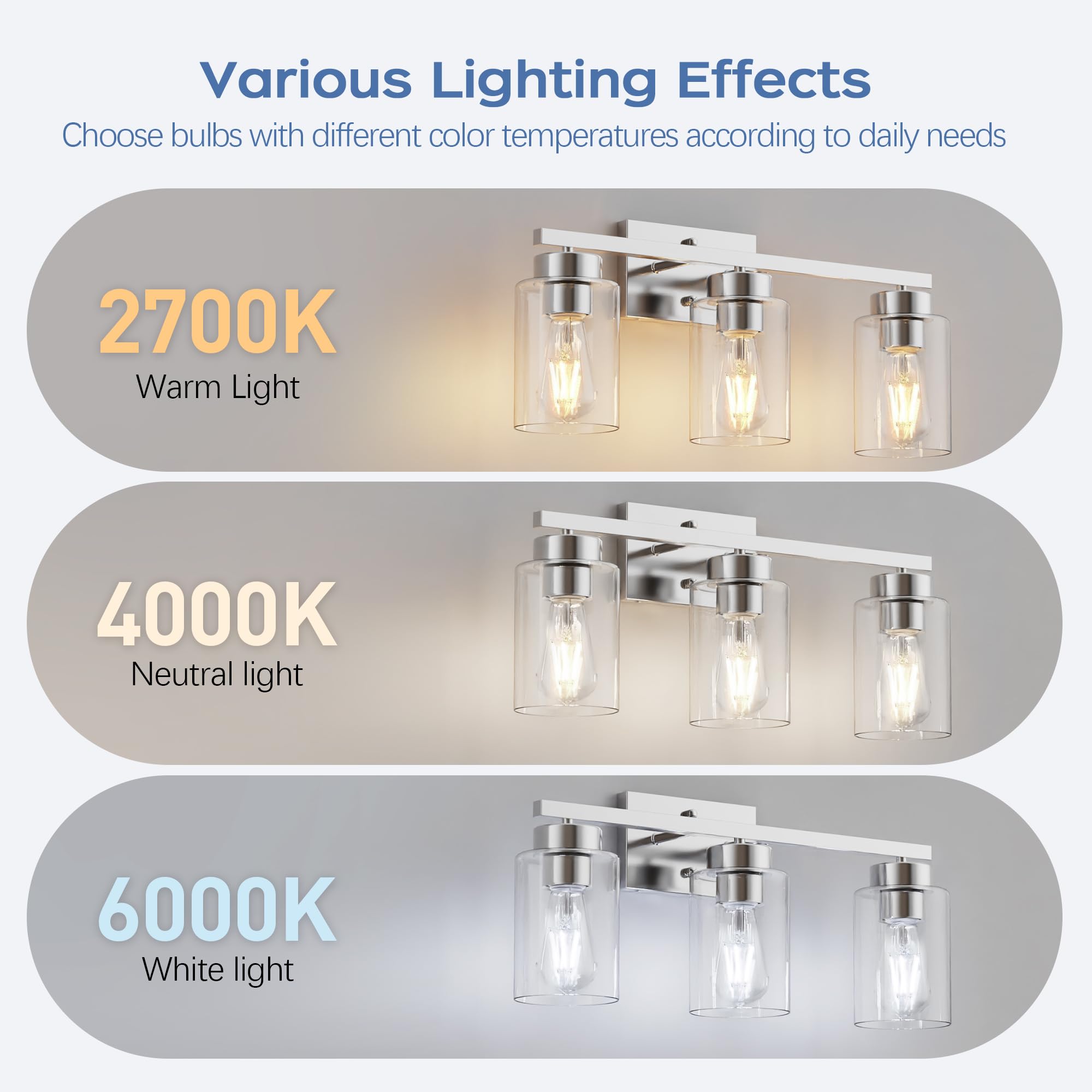 Partphoner 3-Light Bathroom Light Fixtures  Brushed Nickel Vanity Light With Clear Glass Shade  Modern Wall Sconce For Mirror Bedroom Living Room Hallway Lighting