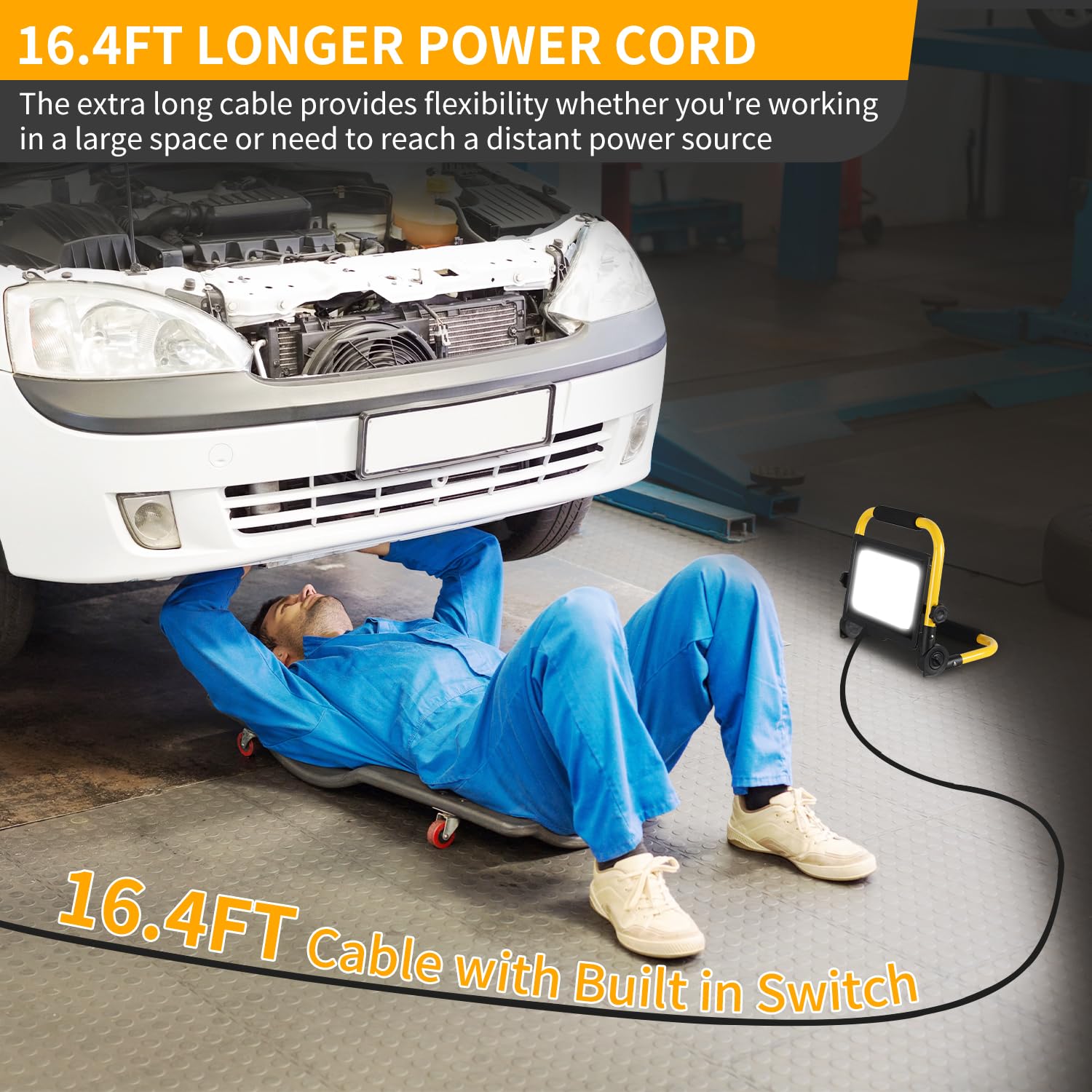 ISUERFY 30W LED Work Light - 3600 LM, IP66 Waterproof, 16ft Cord, Portable Stand, Black, Model SUER-GZD-30W-1P